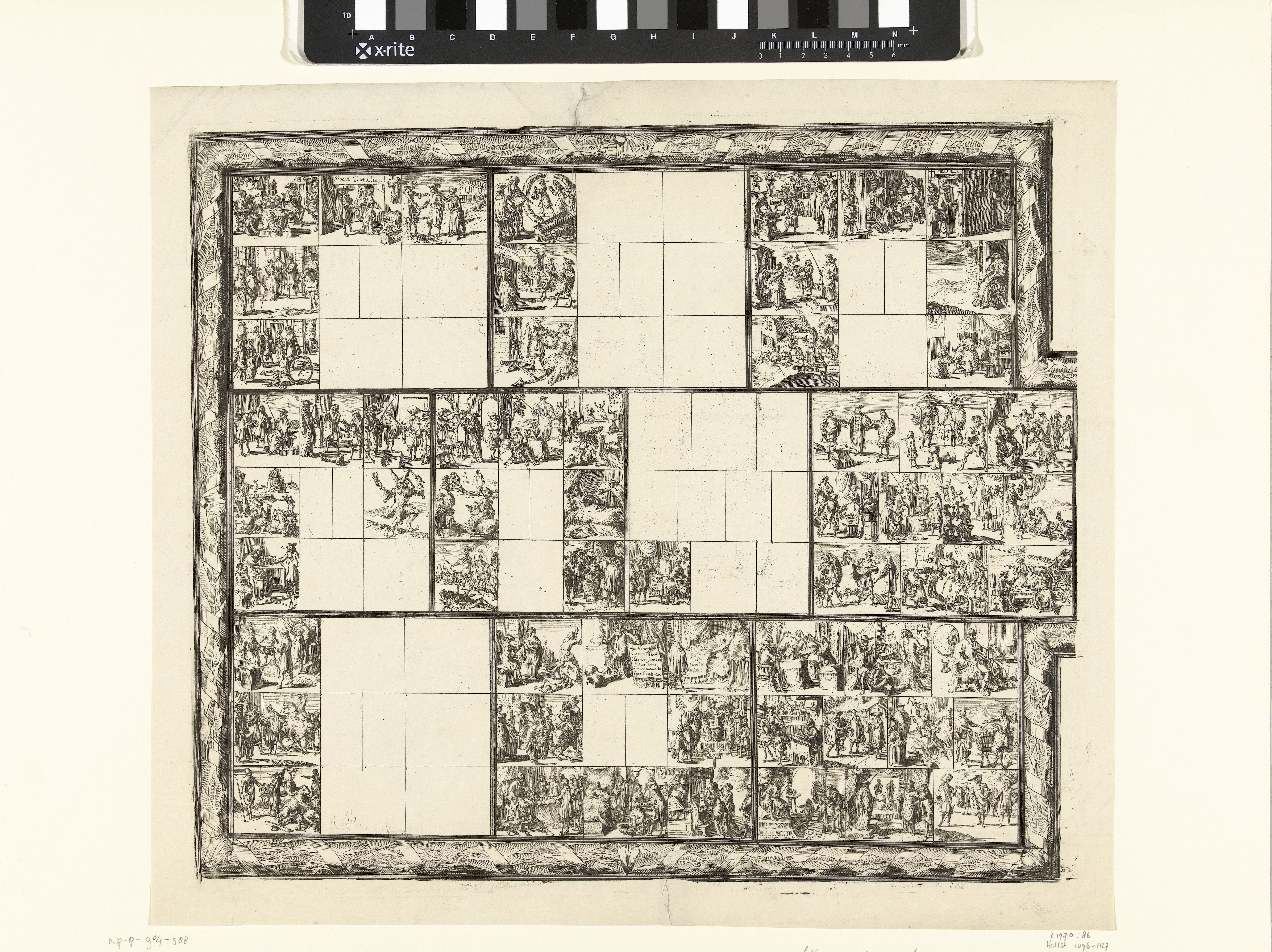 Blad met tientallen kleine voorstellingen van juridische aard (illustraties voor 'Ars magna et admirabilis (...) Pandectarum tituli (...) ope figurarum emblematicarum'?)