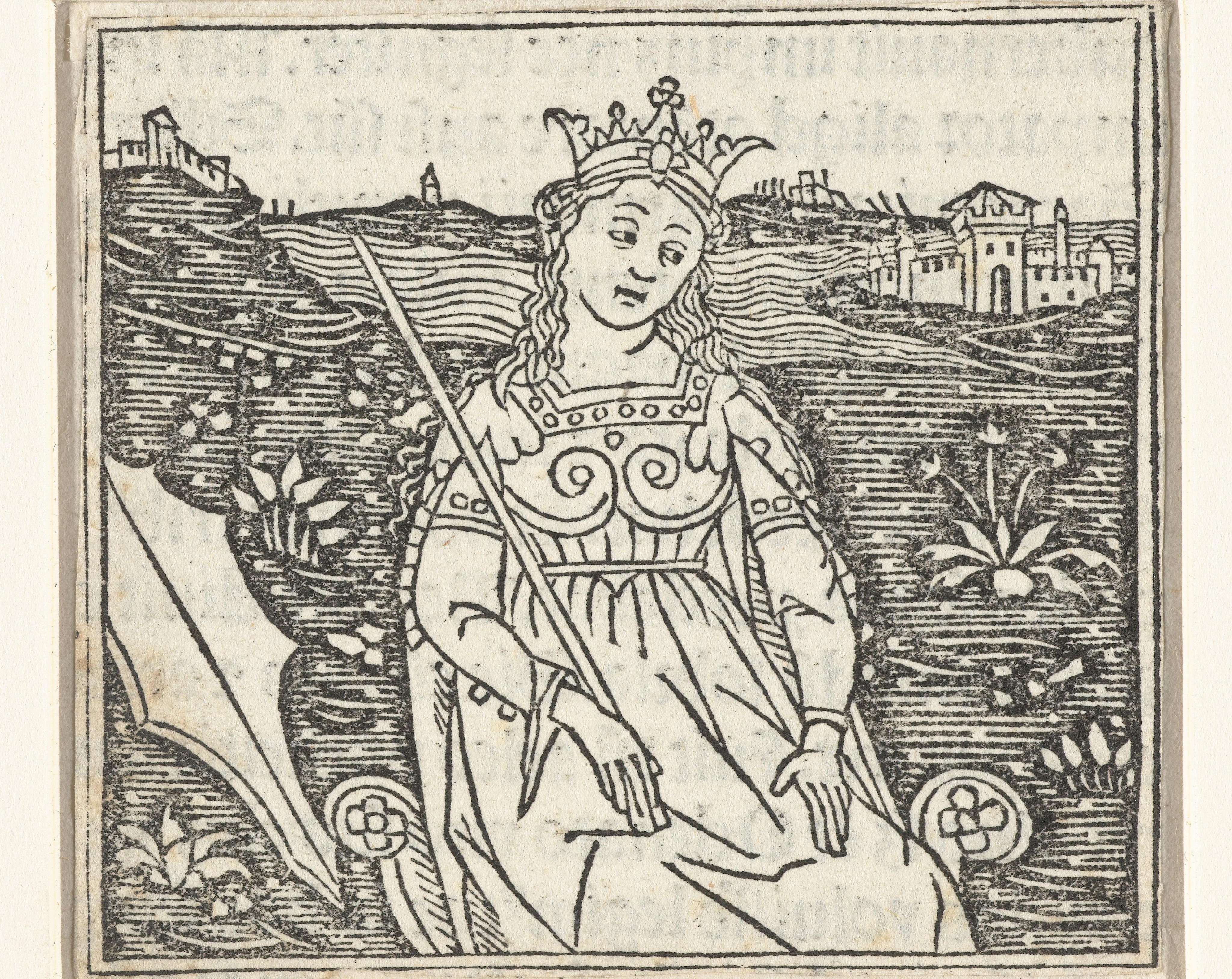 Vrouw met scepter en kroon en wapenschild in landschap