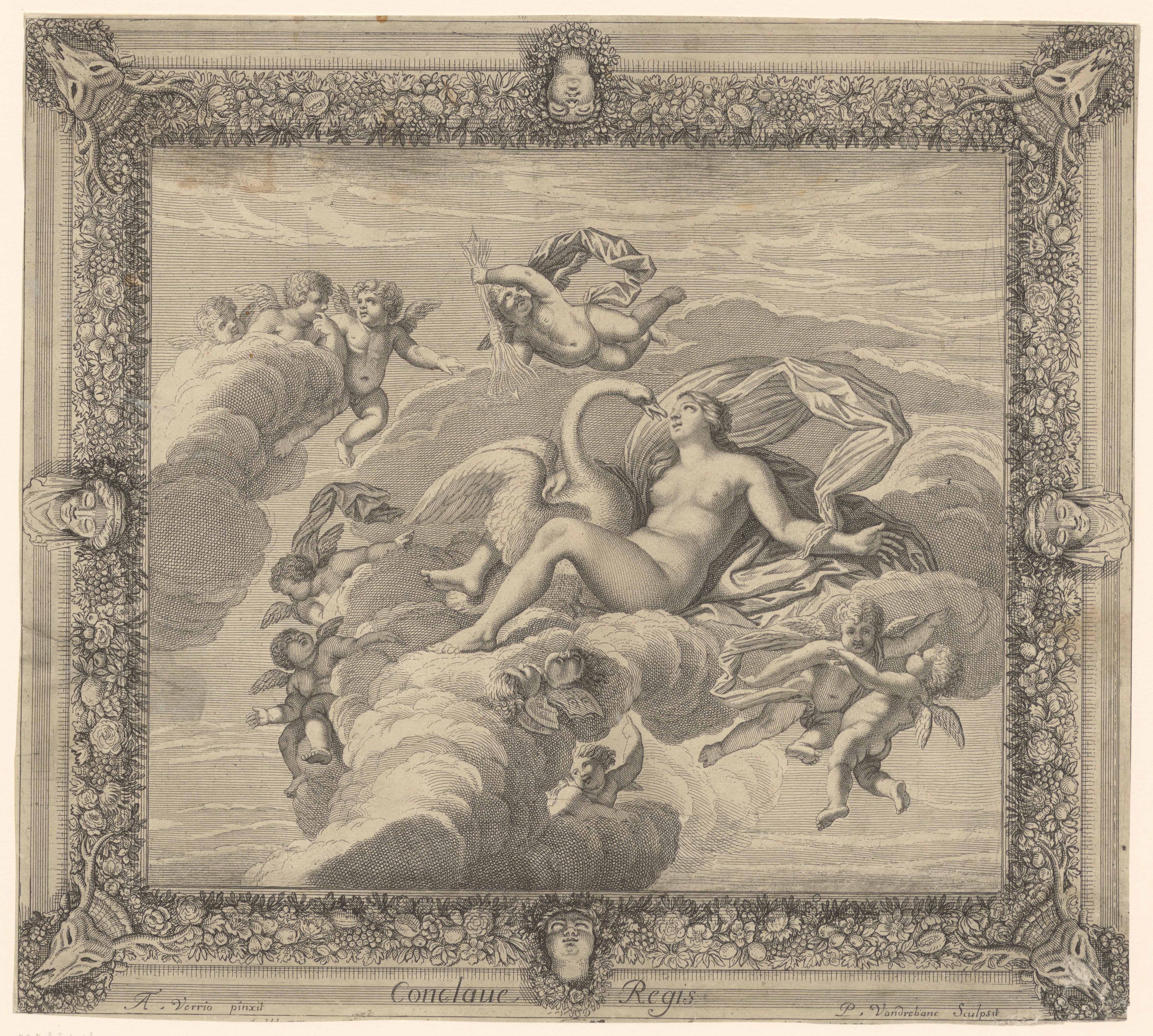 Leda en Jupiter als zwaan, liggend op wolken