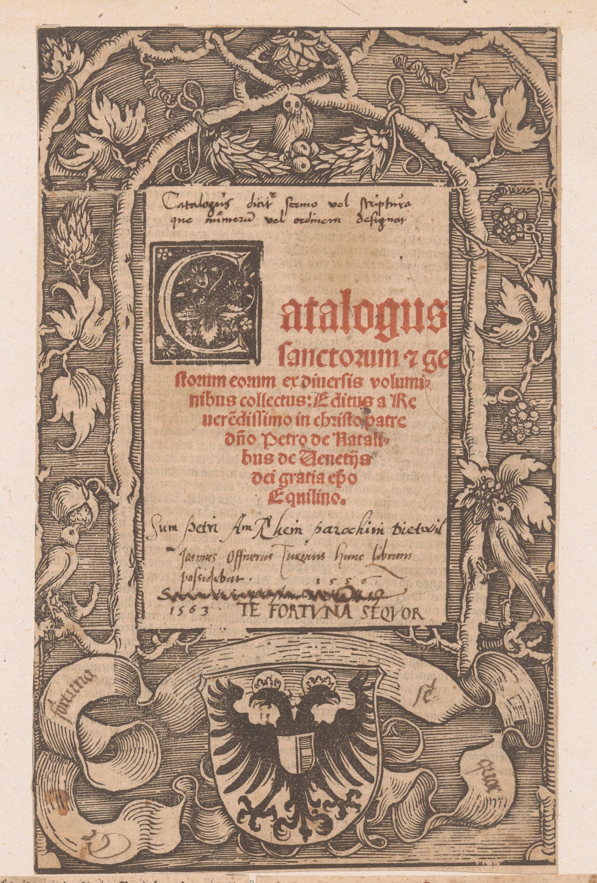 Titelpagina met ranken, vogels en een wapenschild
