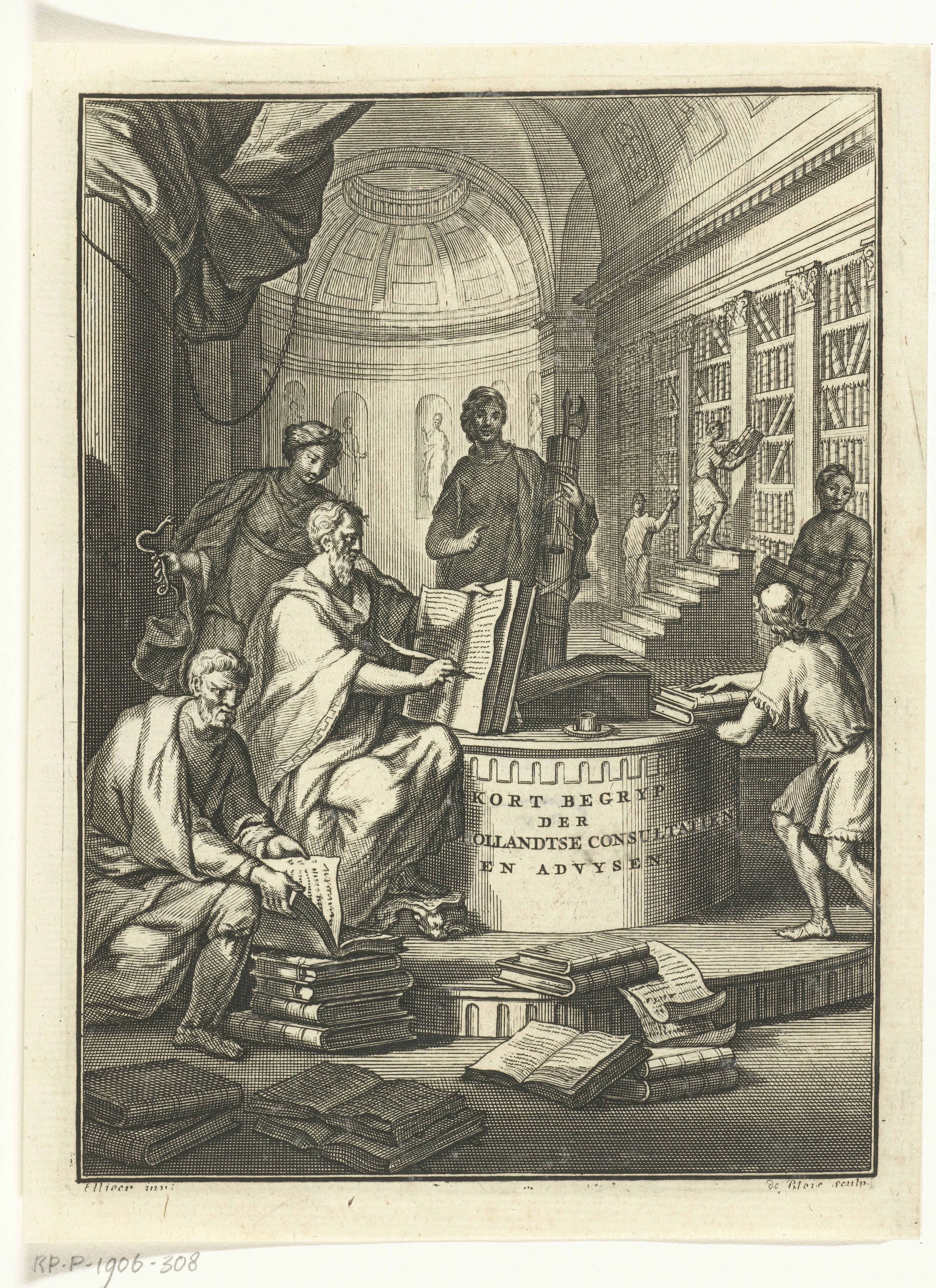 Allegorische voorstelling met personificatie van gerechtigheid en mannen aan het werk in bibliotheek
