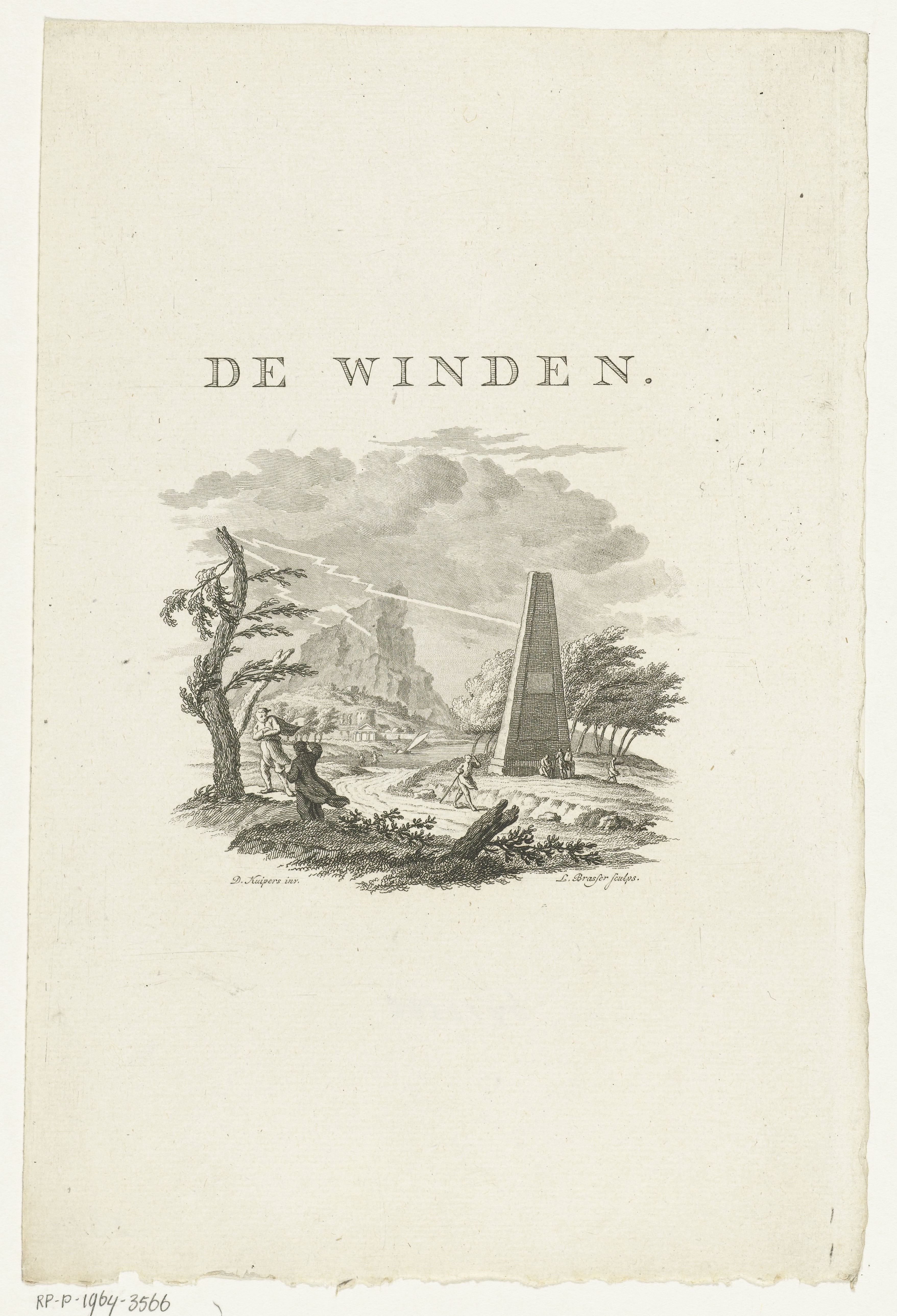 Vignet met landschap en figuren die gebukt gaan onder wind