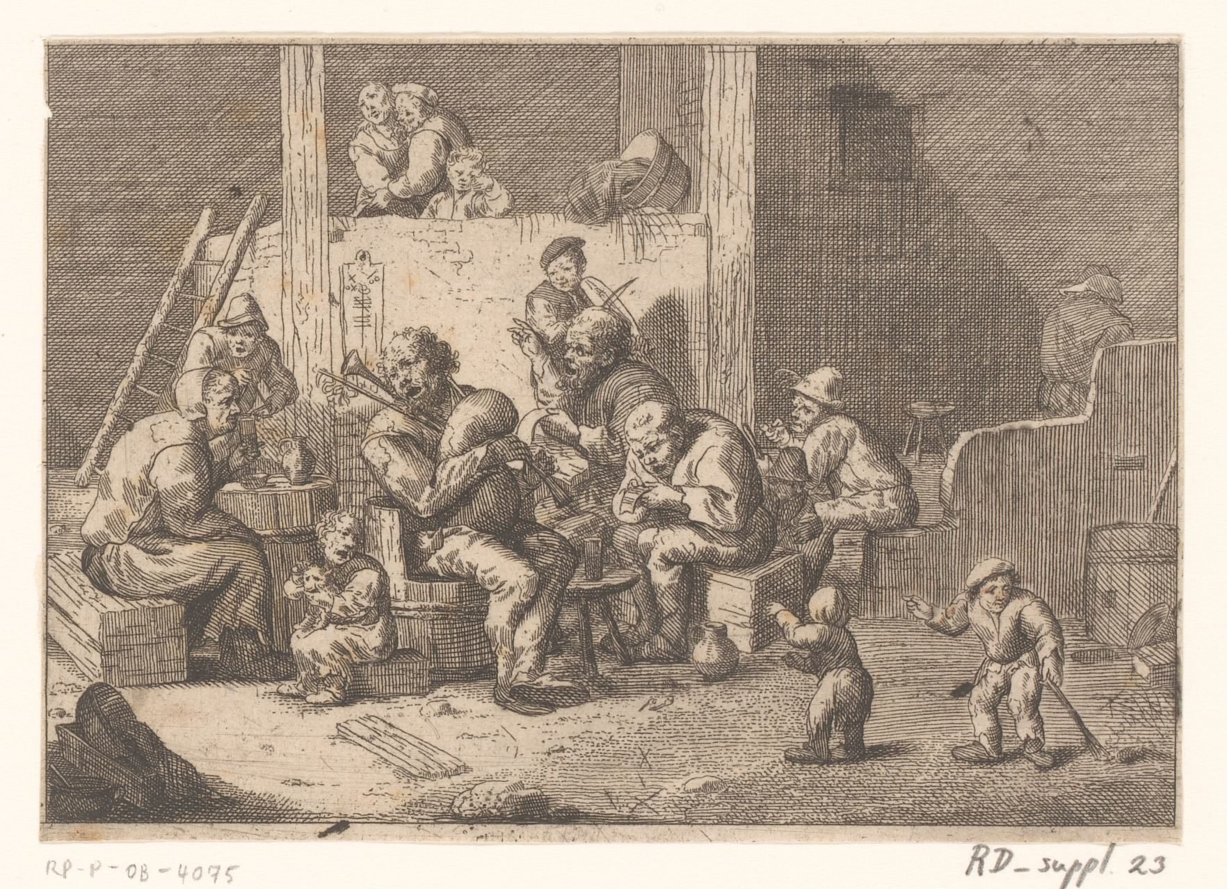 Interieur met doedelzak- en vioolspeler en twee zangers