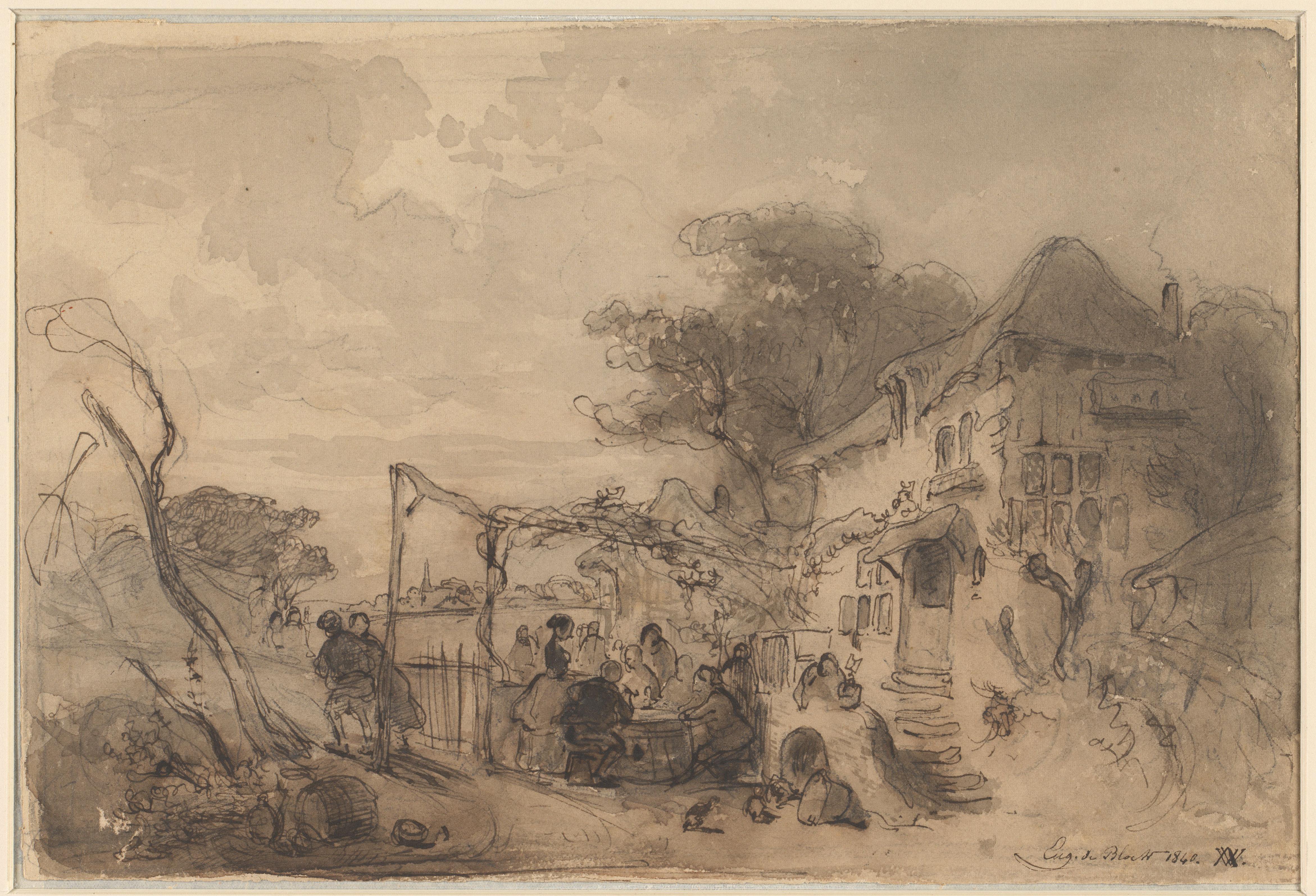 Gezelschap op terras voor herberg langs een weg