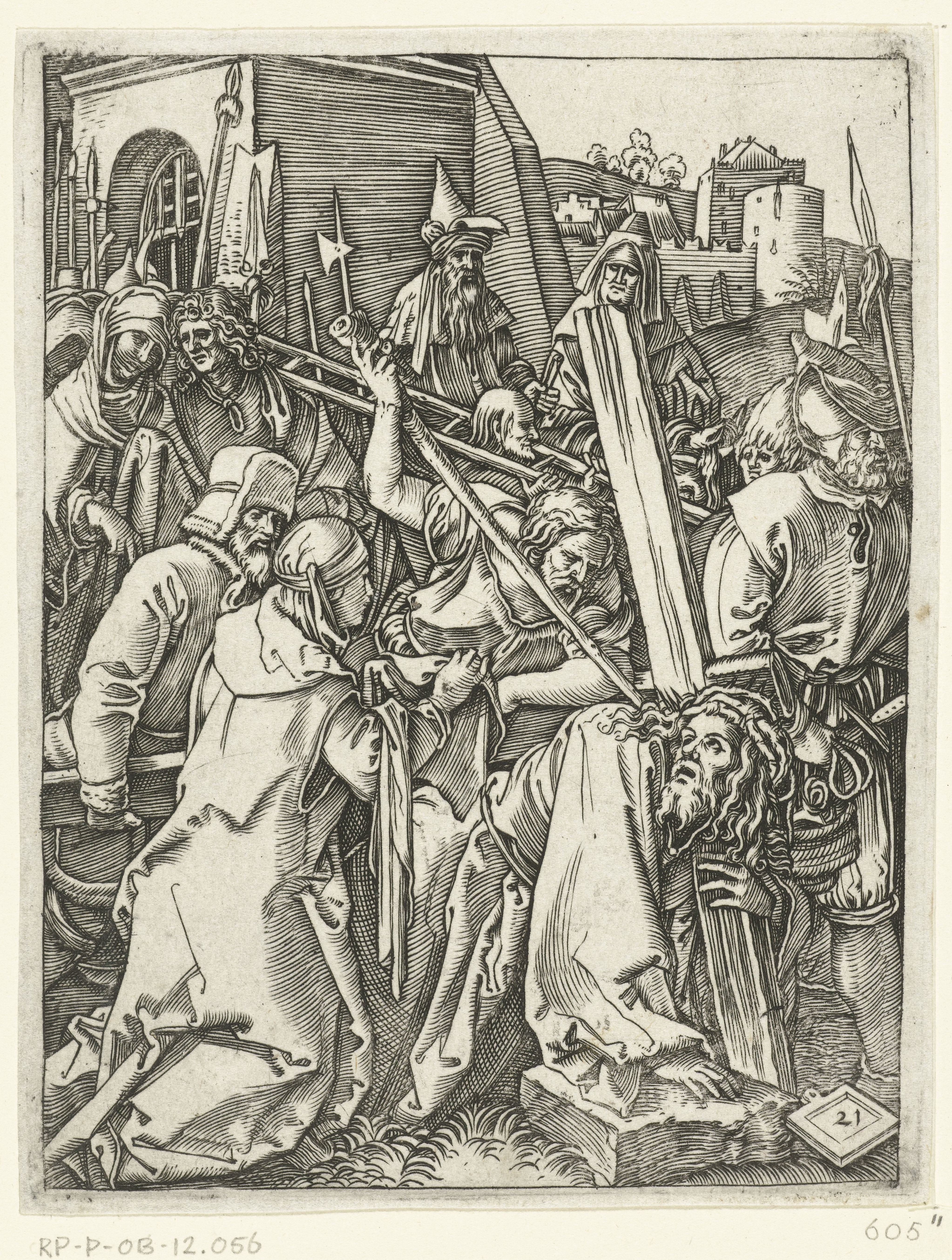 Christus draagt kruis en ontmoet heilige Veronica met zweetdoek op weg naar Golgotha