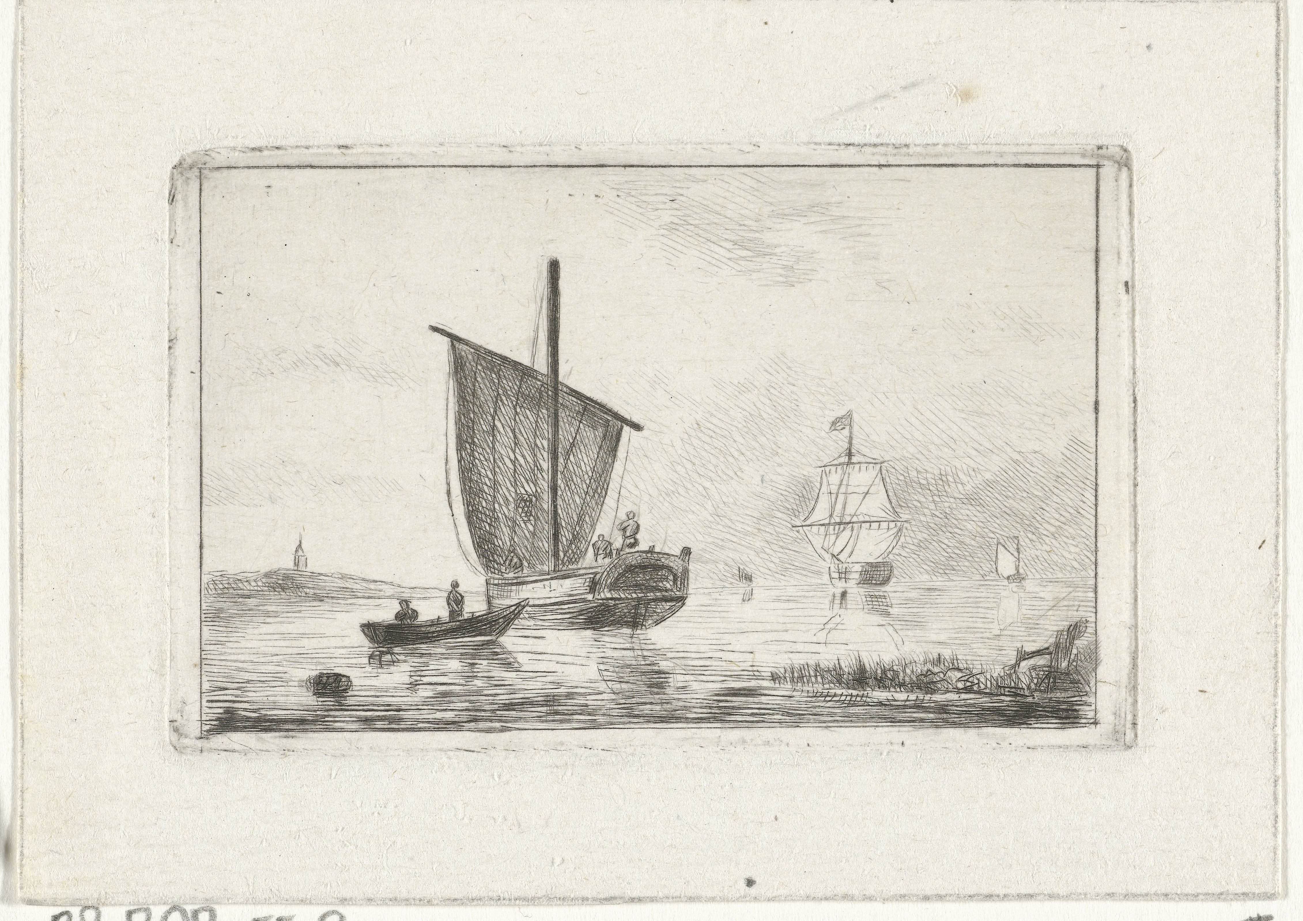 Riviergezicht met zeilschip