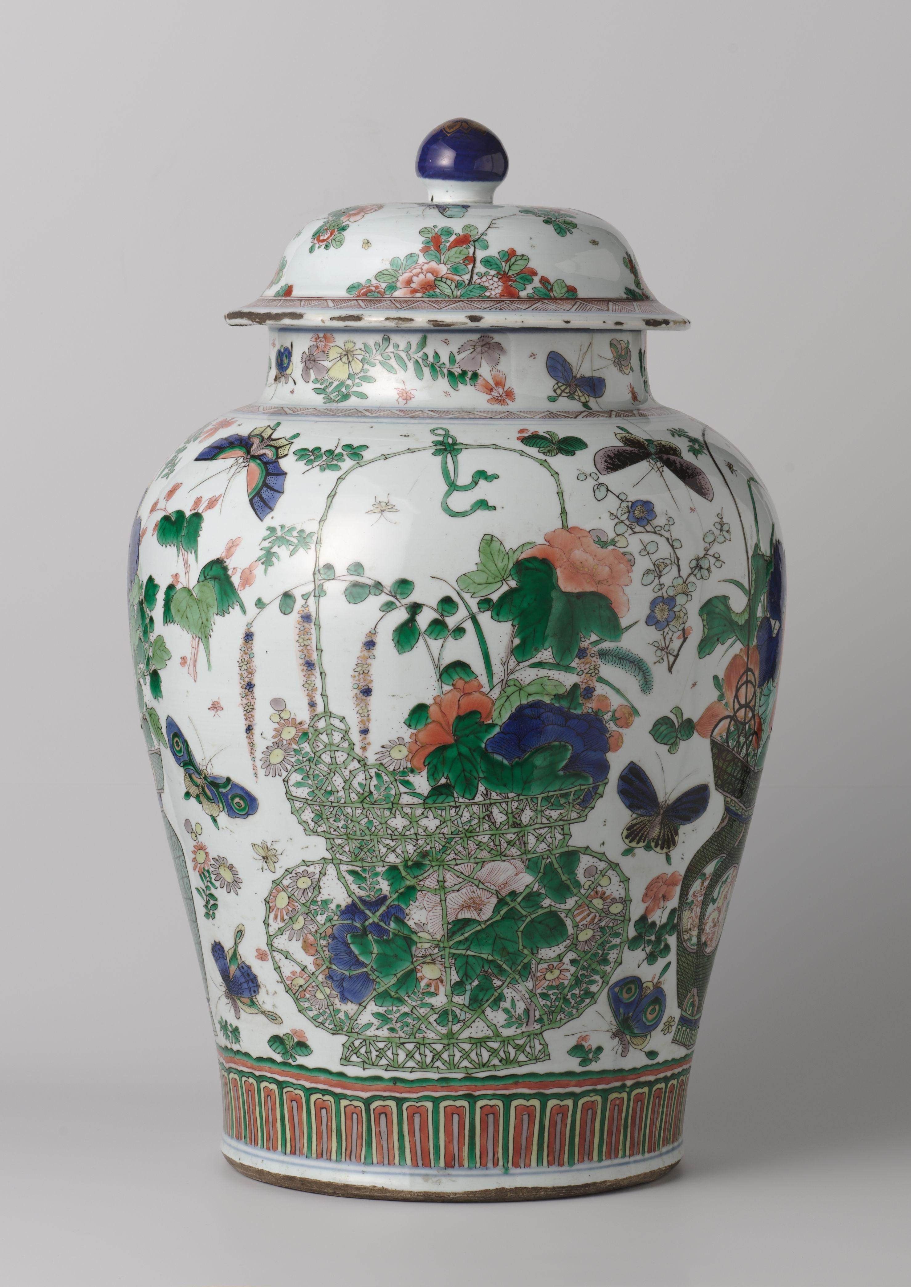 Baluster covered jar with flower baskets, flower sprays and insects