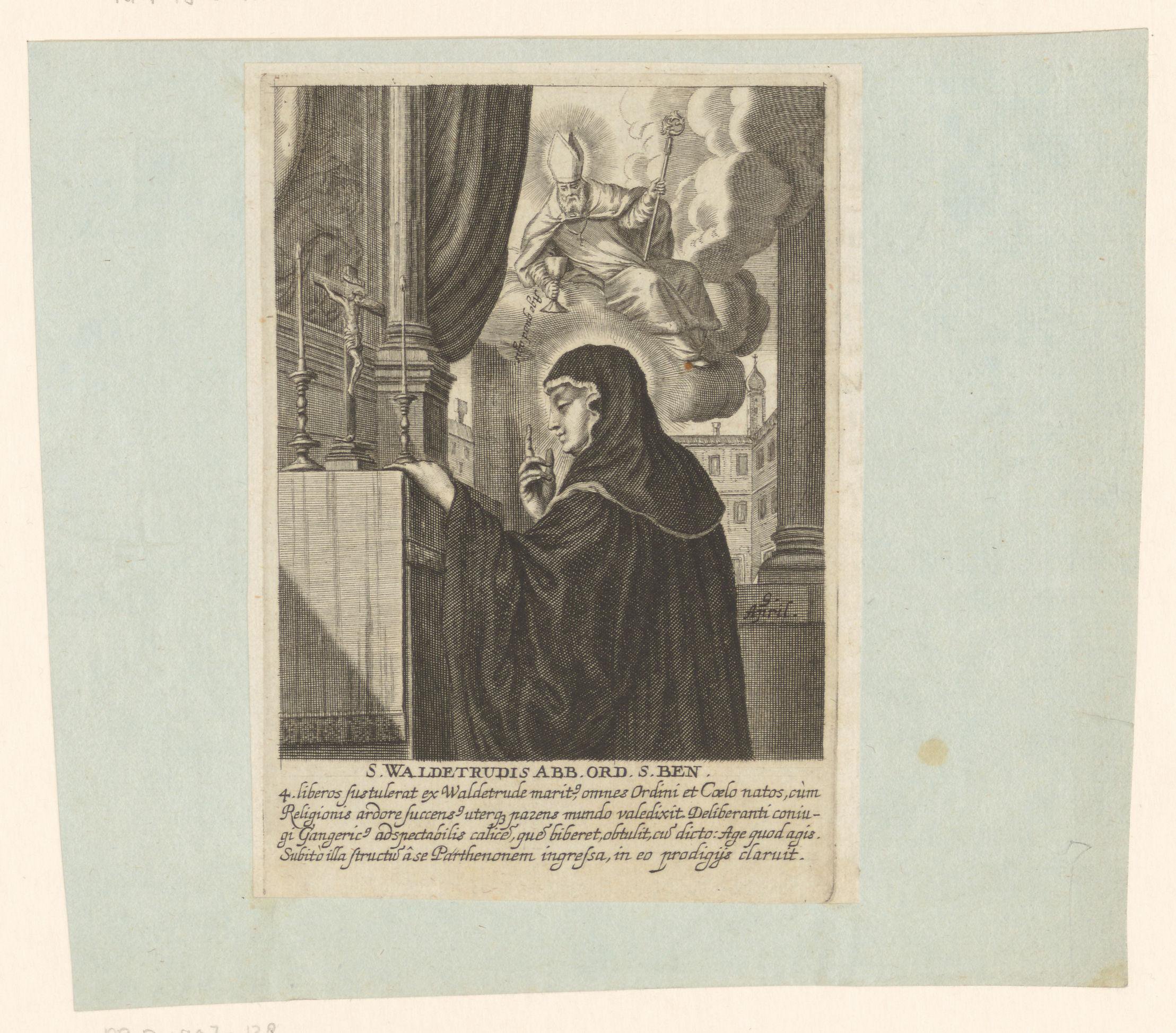 H. Waldetrudis van Mons geknield voor een altaar