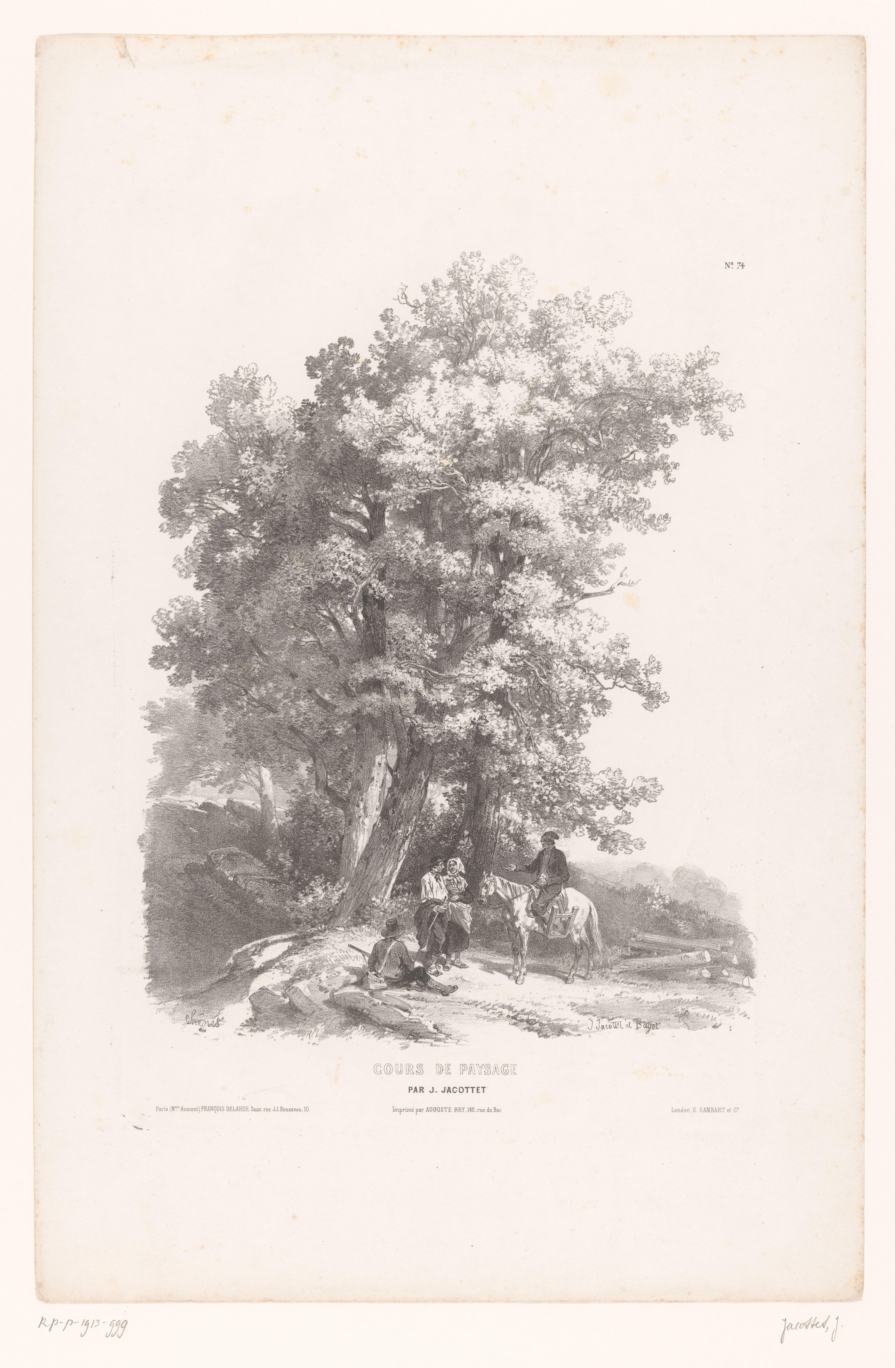Vier figuren onder een groep bomen