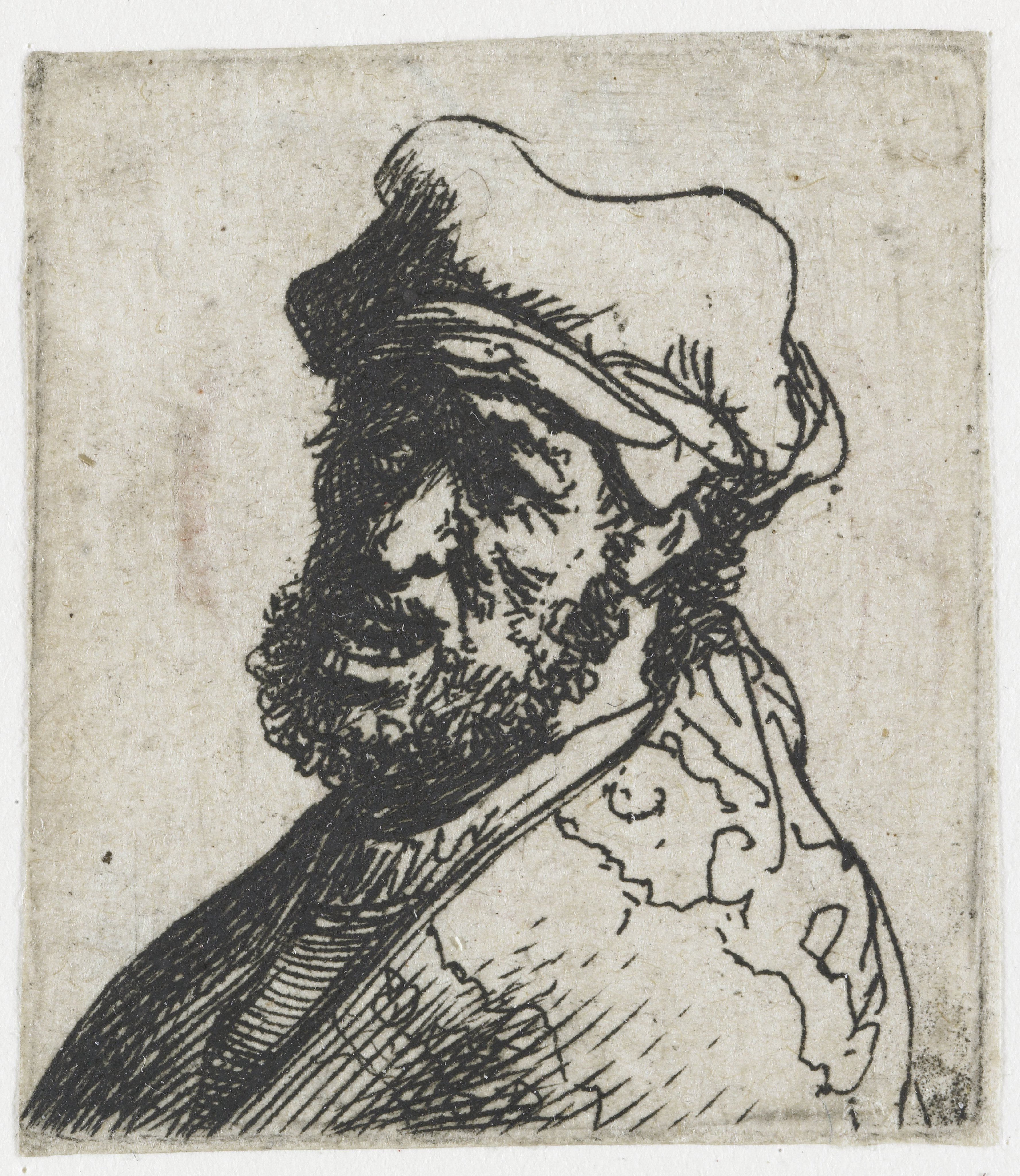 Sheet of studies of men's heads: man crying out, three quarters left: bust
