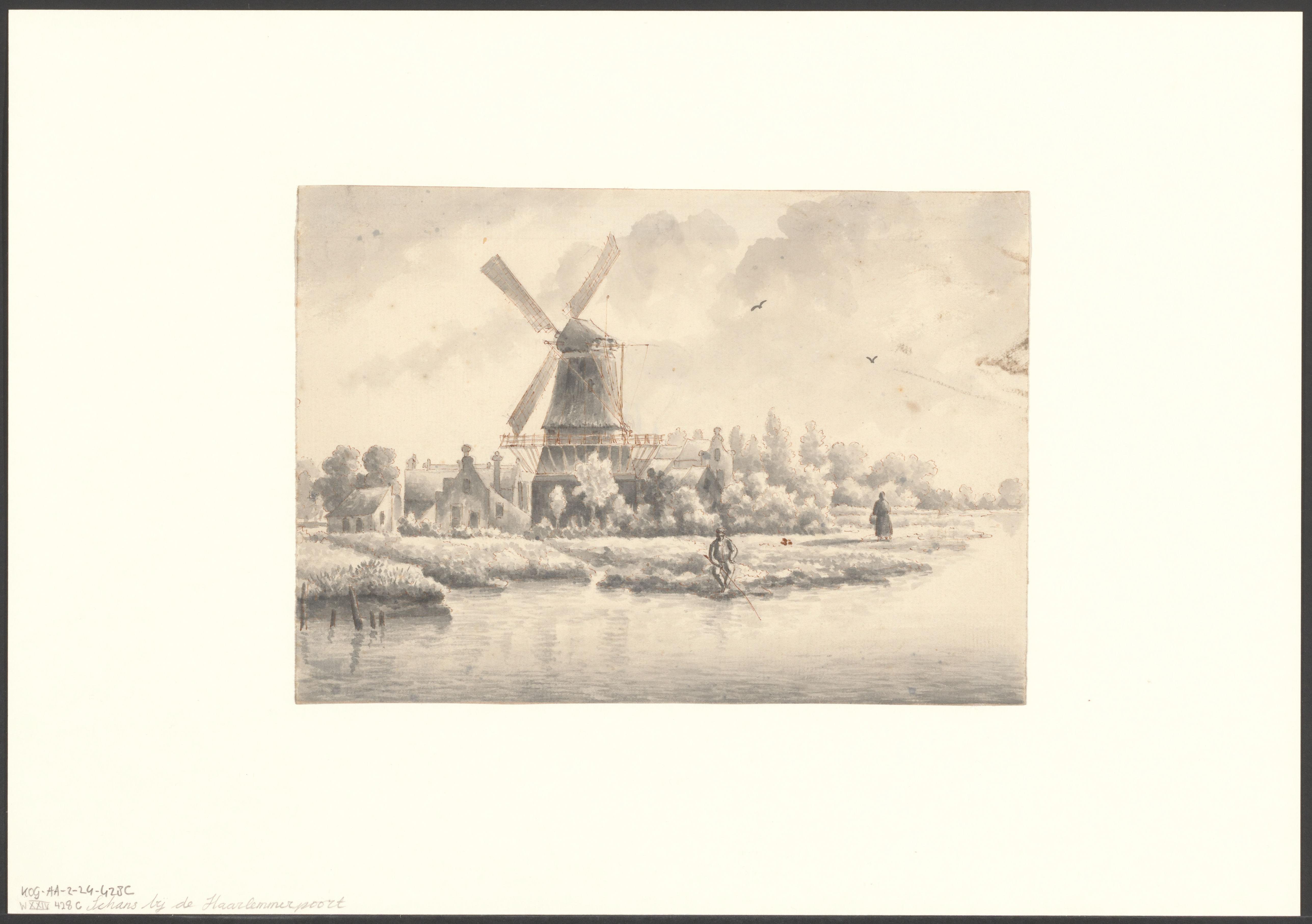 Gezicht op bolwerk Sloterdijk met molen de Kraay
