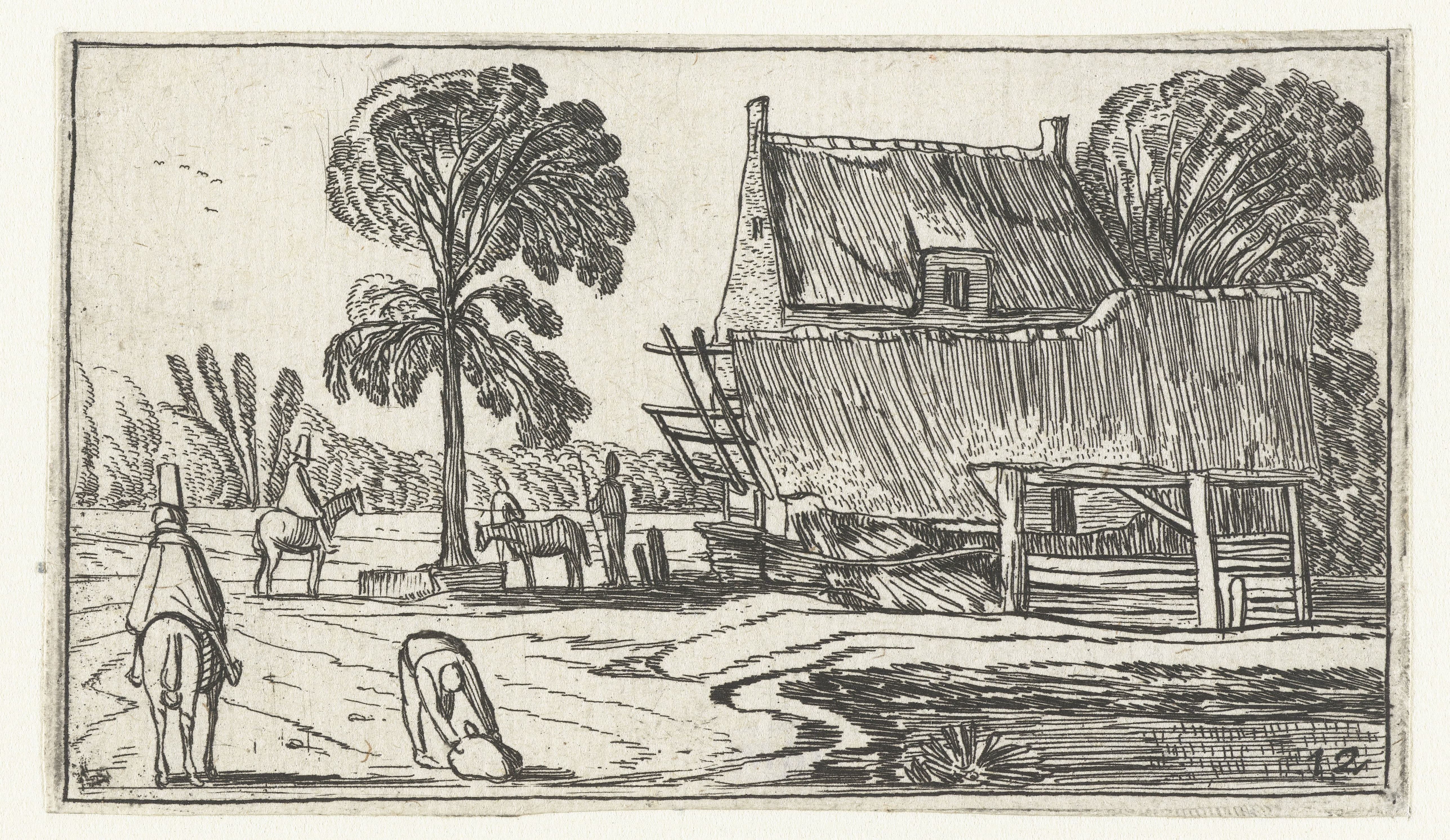 Ruiter op pad langs een boerderij