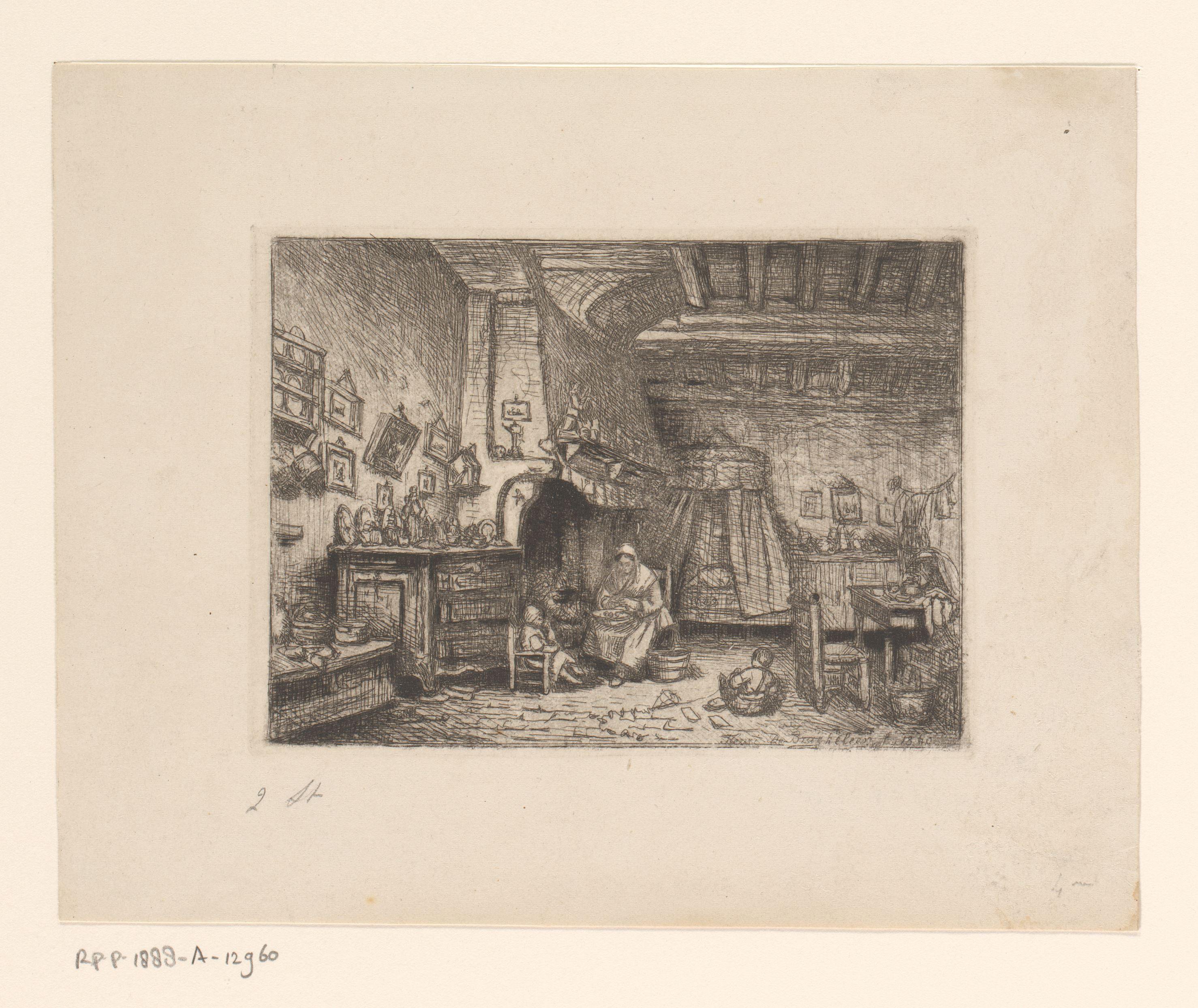 Interieur met een vrouw en twee kinderen