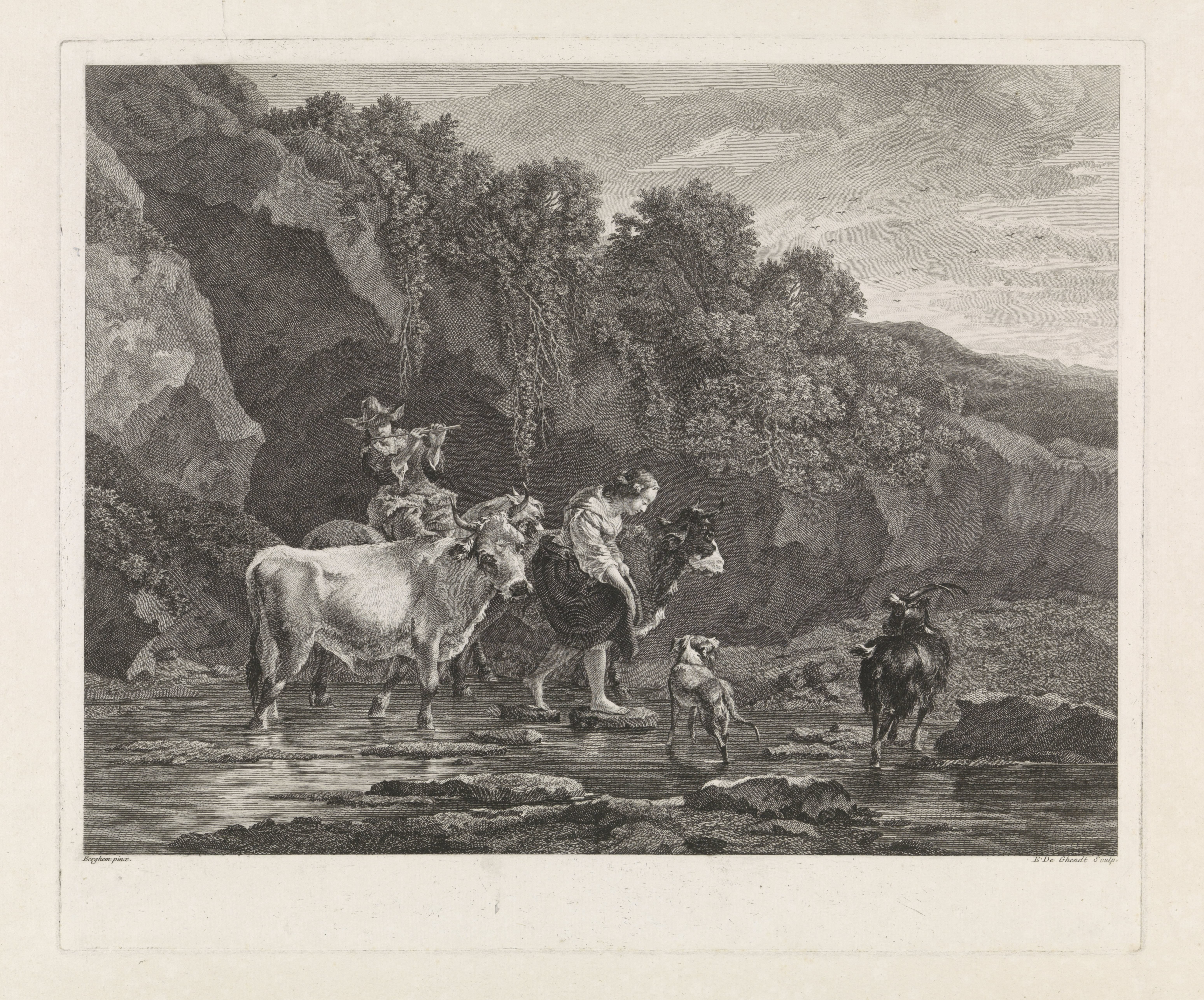 Herders met vee steken een rivier over