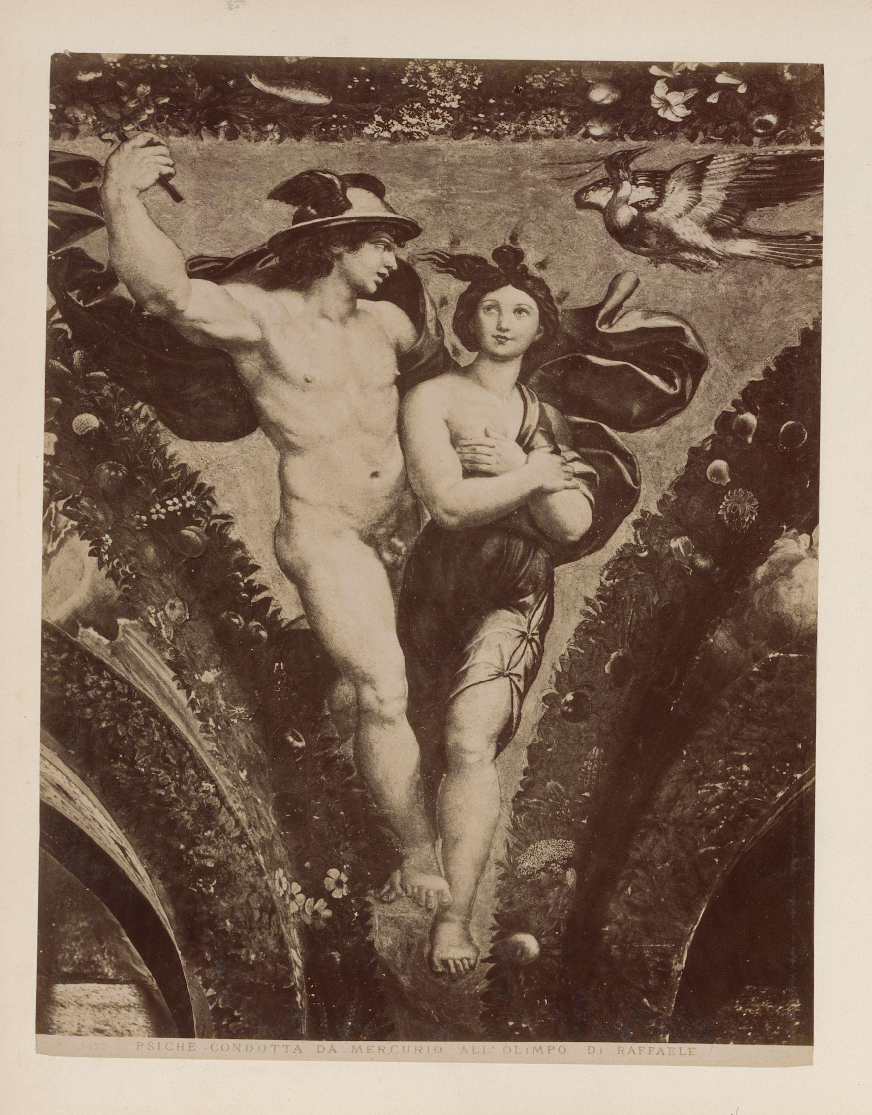 Fotoreproductie van fresco Mercurius leidt Psyche naar de Olympos door Rafaël in het Farnesina te Rome