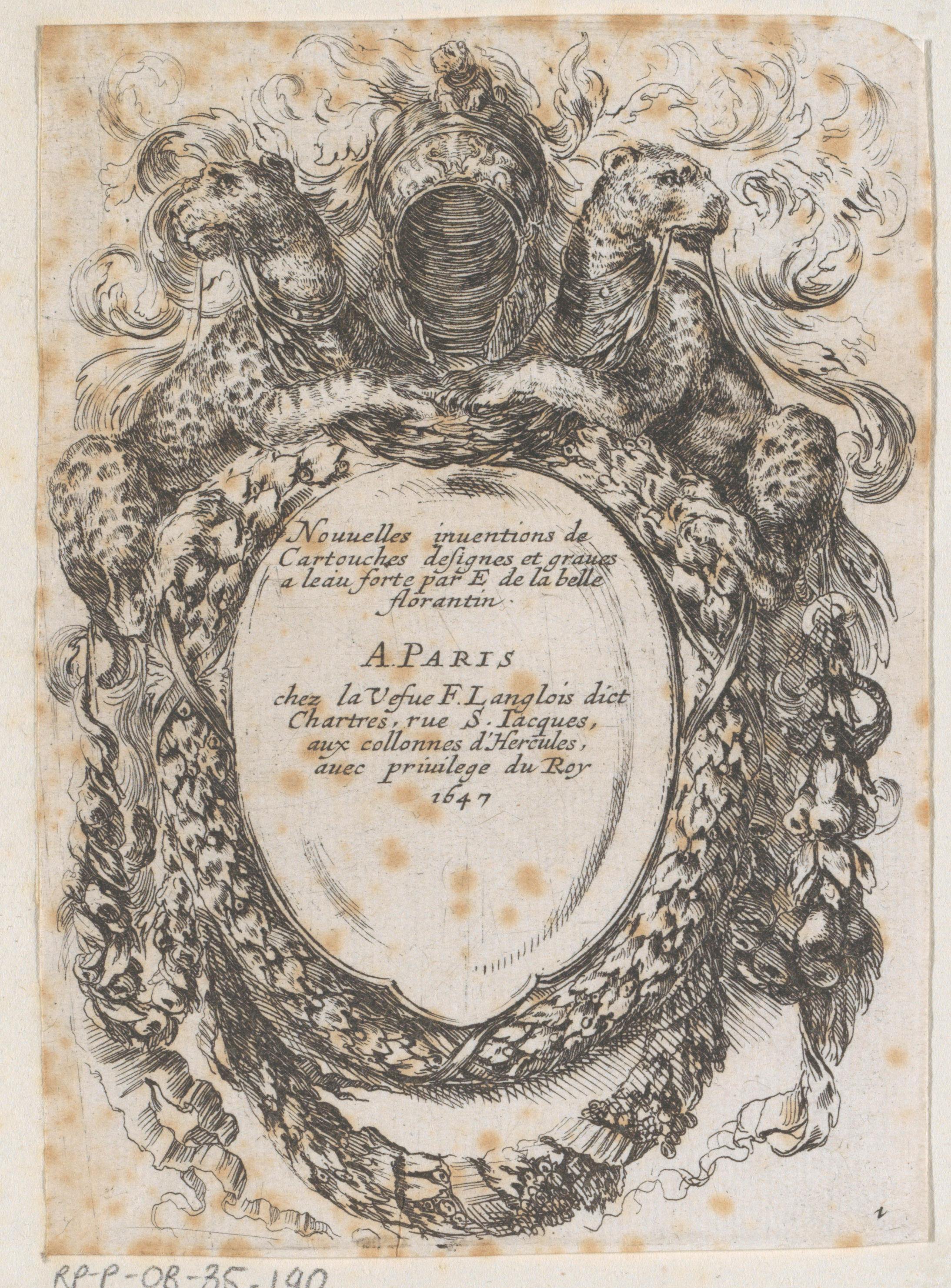 Titelprent met cartouche met tekst, panters, een helm en guirlandes
