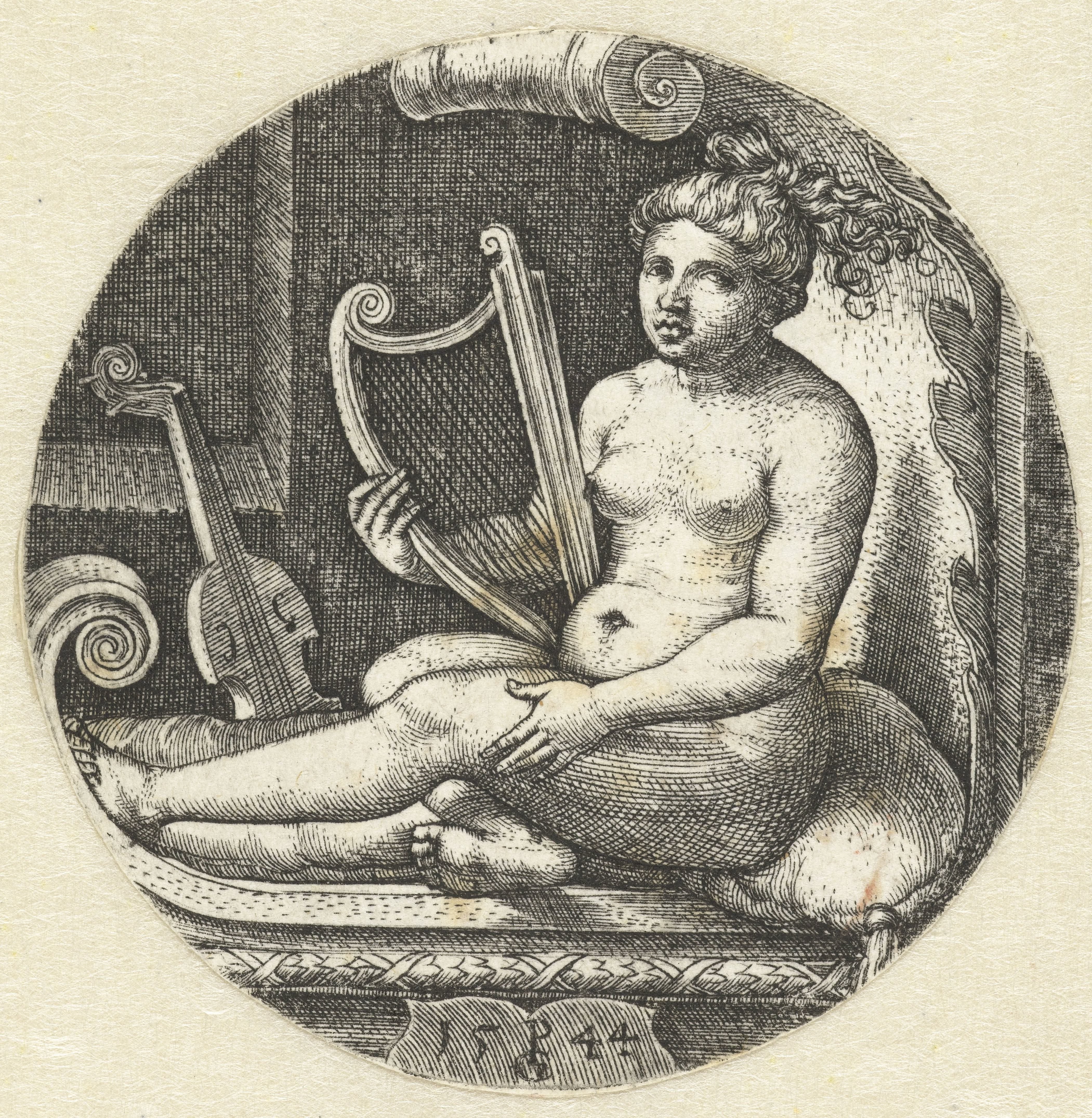 Zittende naakte vrouw met een harp