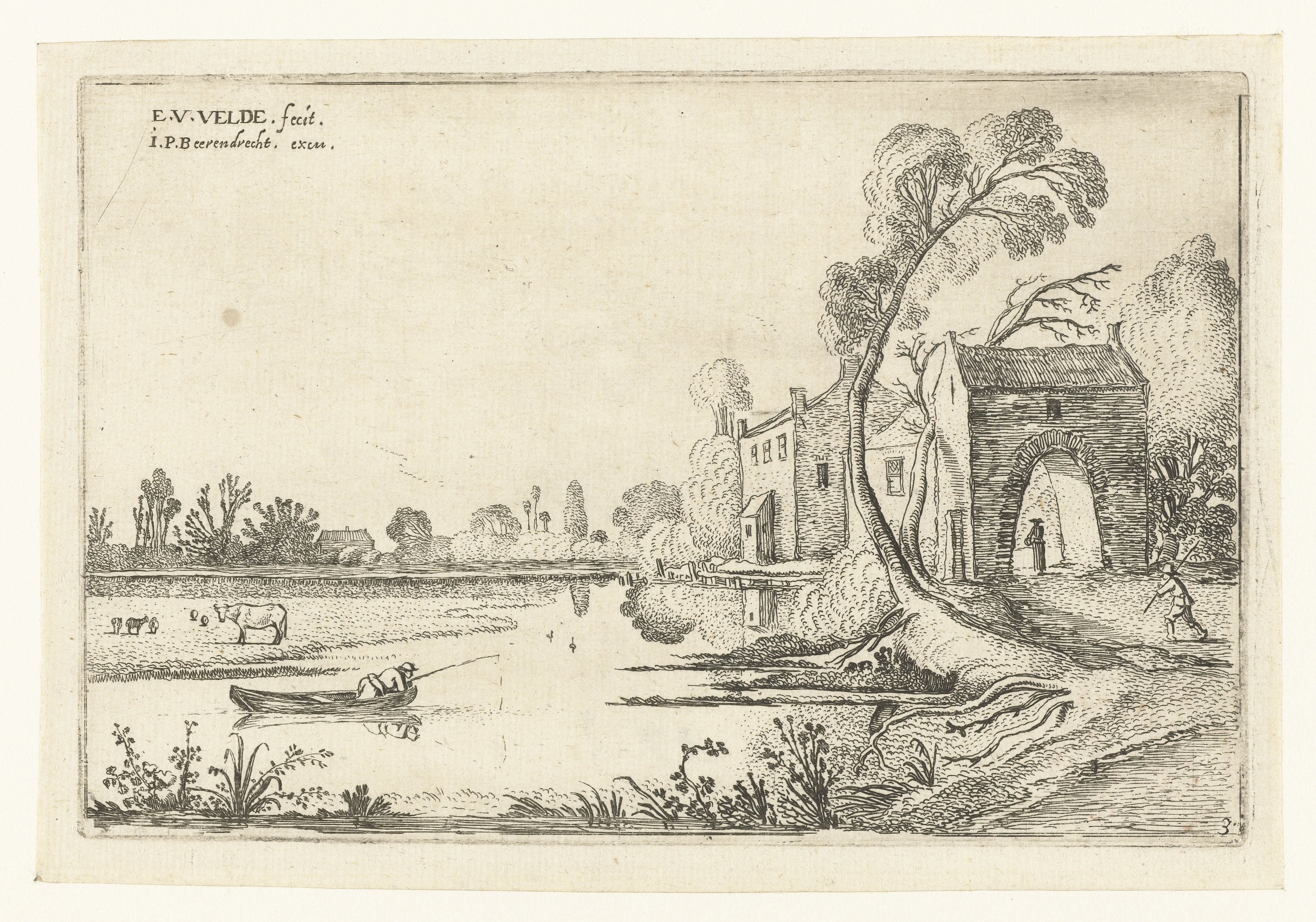 Landschap met een rivier en poortgebouw