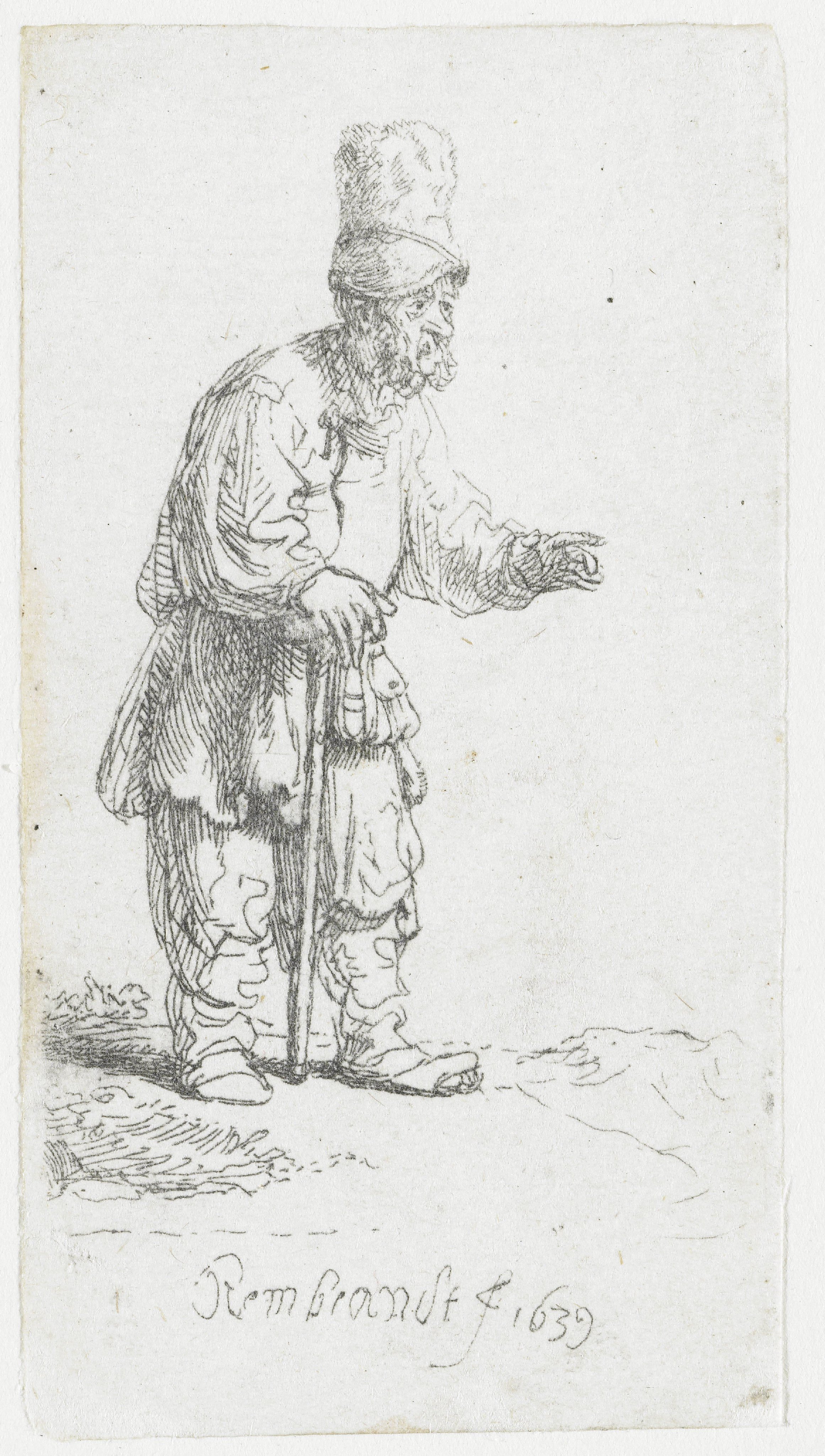 A peasant in a high cap, standing leaning on a stick