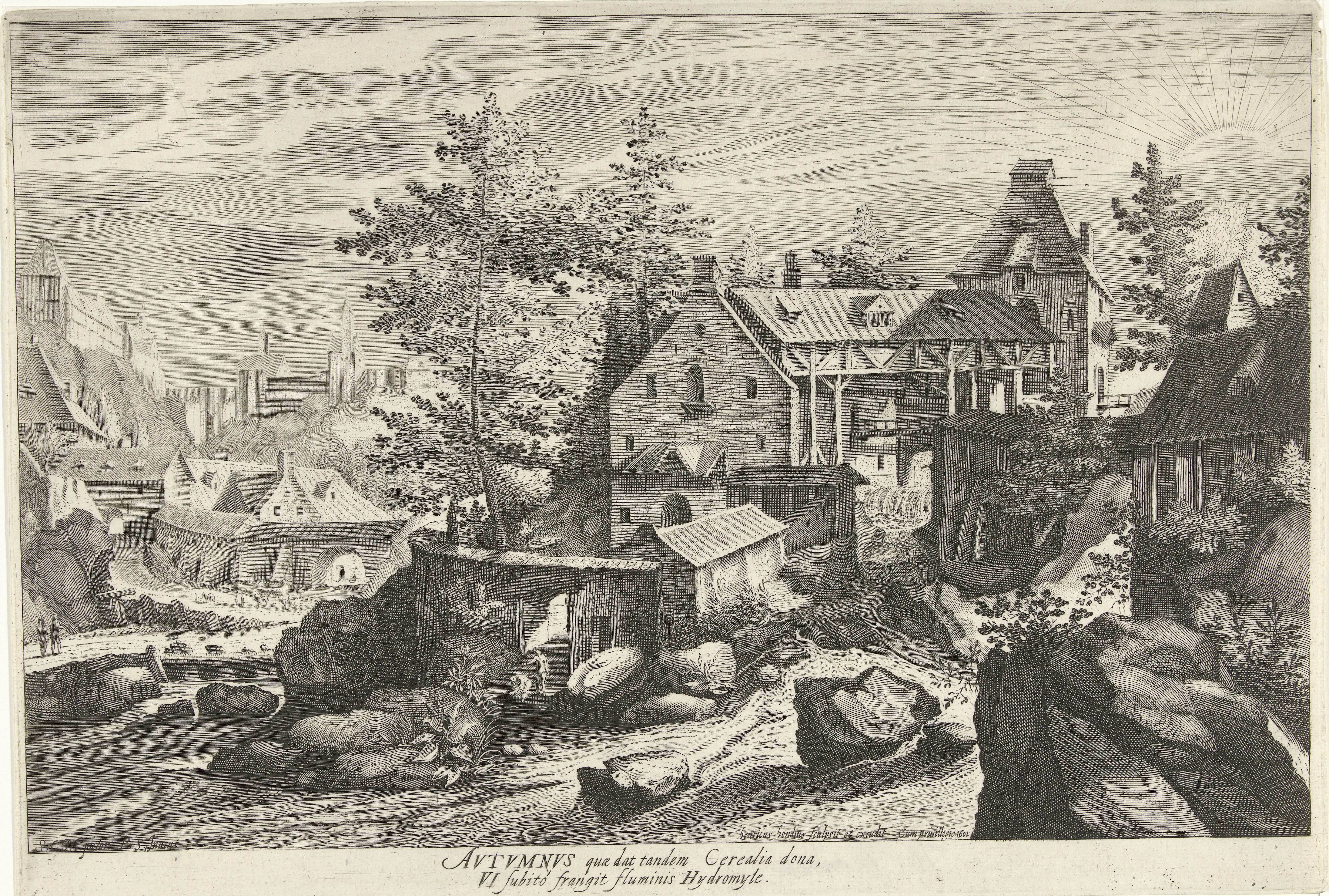 Herfst, een landschap met een dorp aan een rivier
