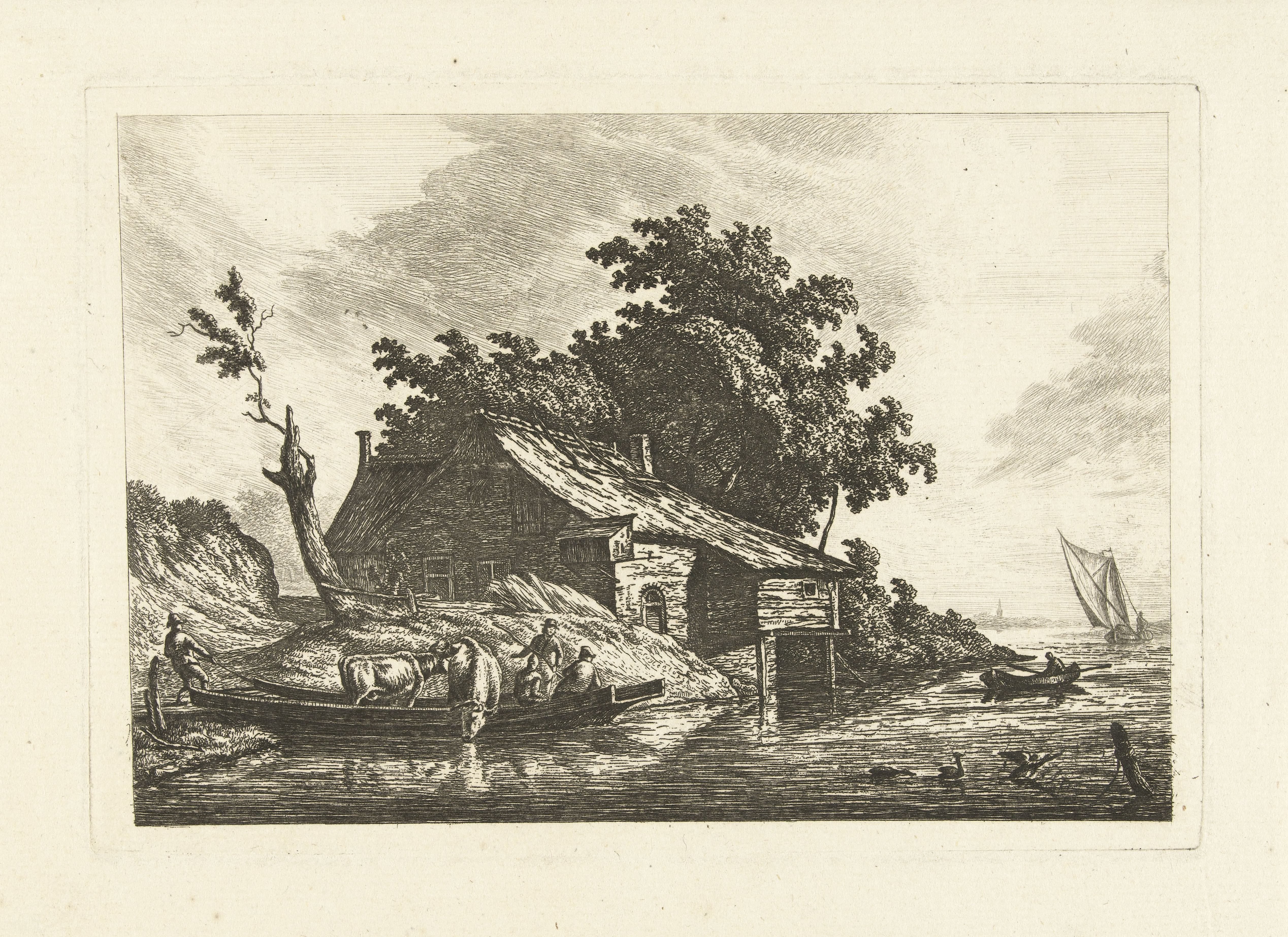 Rivierlandschap met pont bij oever