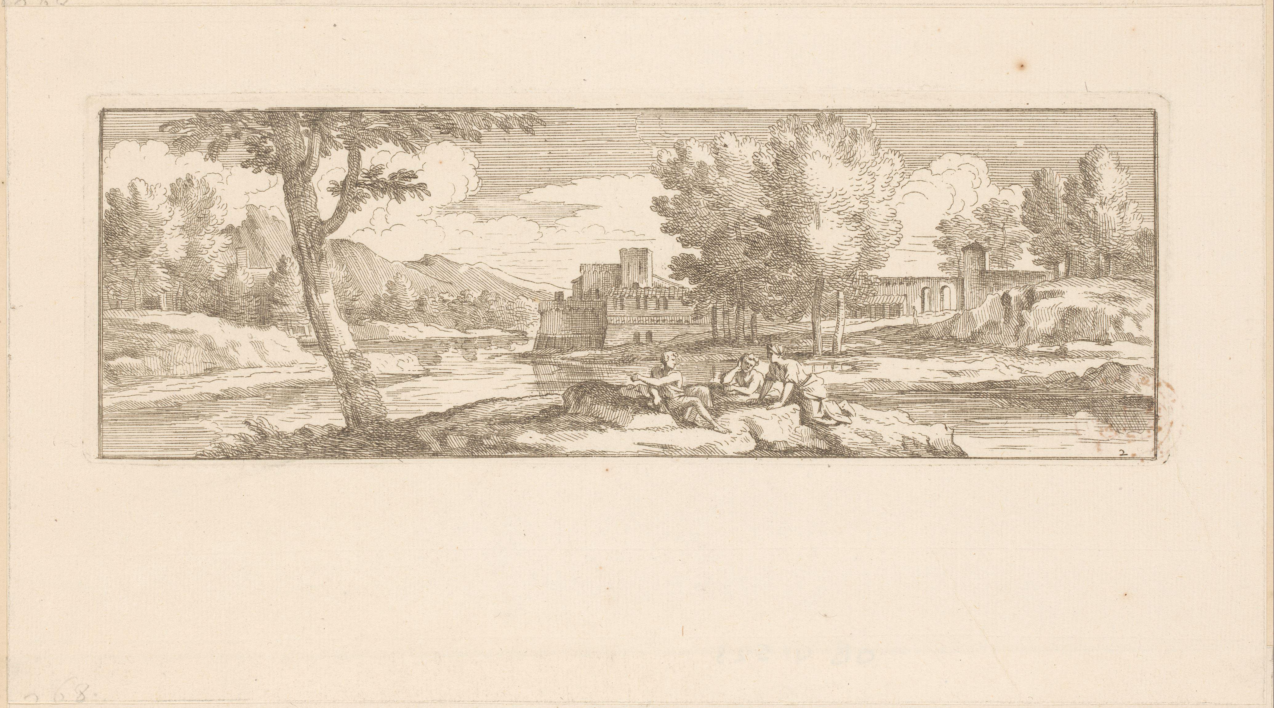 Rivierlandschap met drie rustende figuren