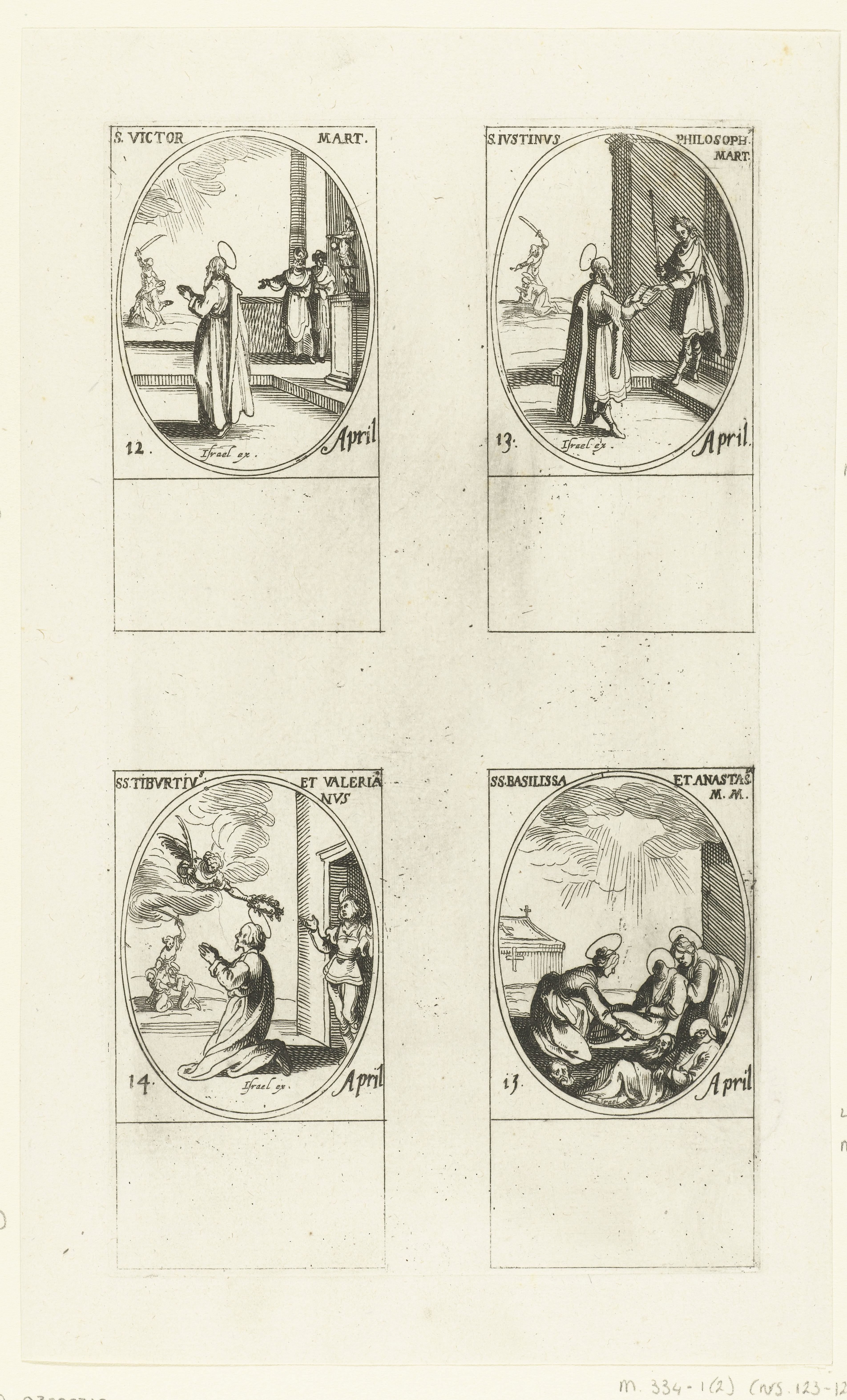 Heilige Victor van Braga, Heilige Justinus de Filosoof, Heilige Tiburtius en Heilige Valerianus van Rome, Heilige Basilissa en Heilige Anastasia van Rome (12-15 april)
