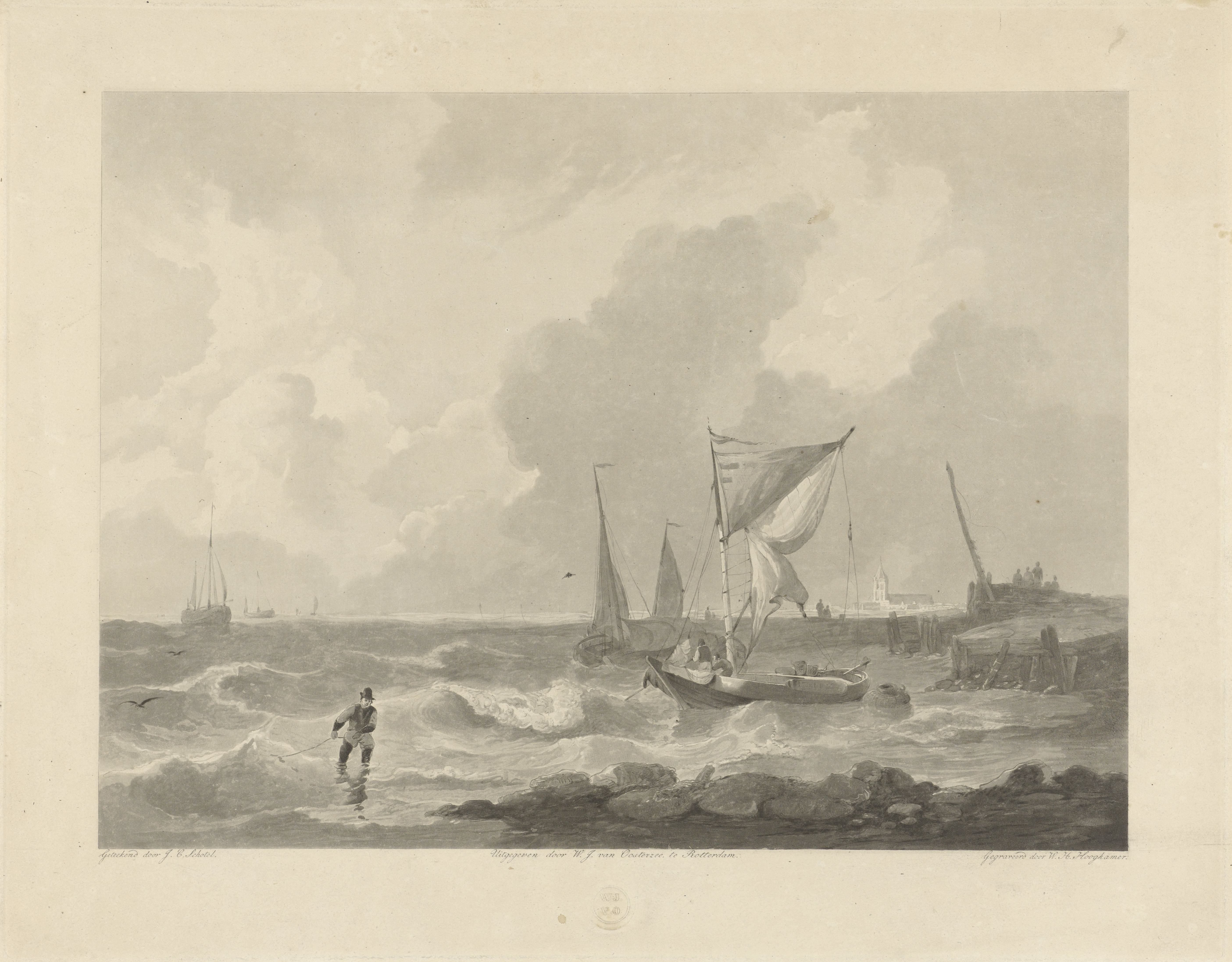 Vissersboten bij een havenhoofd