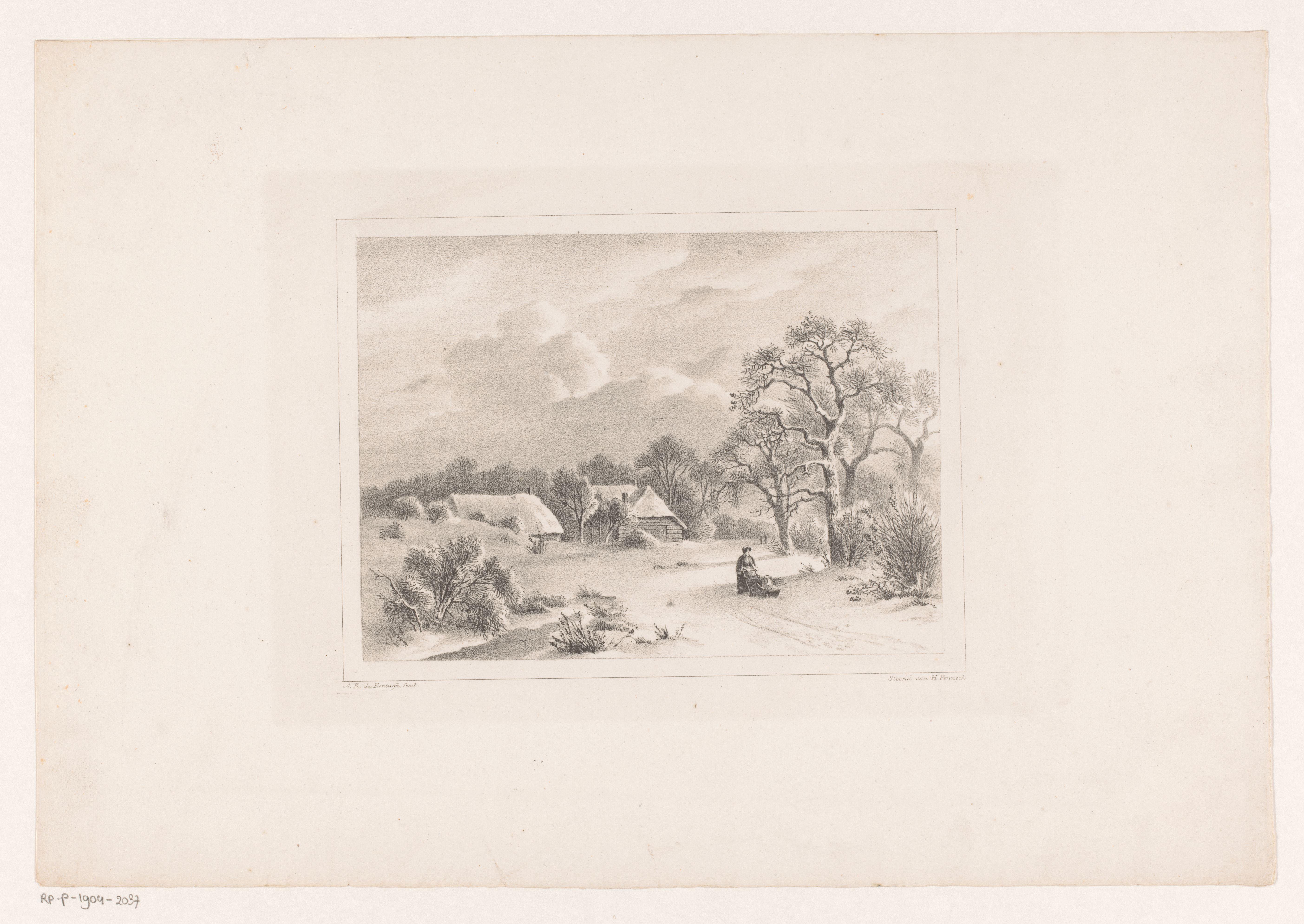 Winterlandschap met vrouw met slede