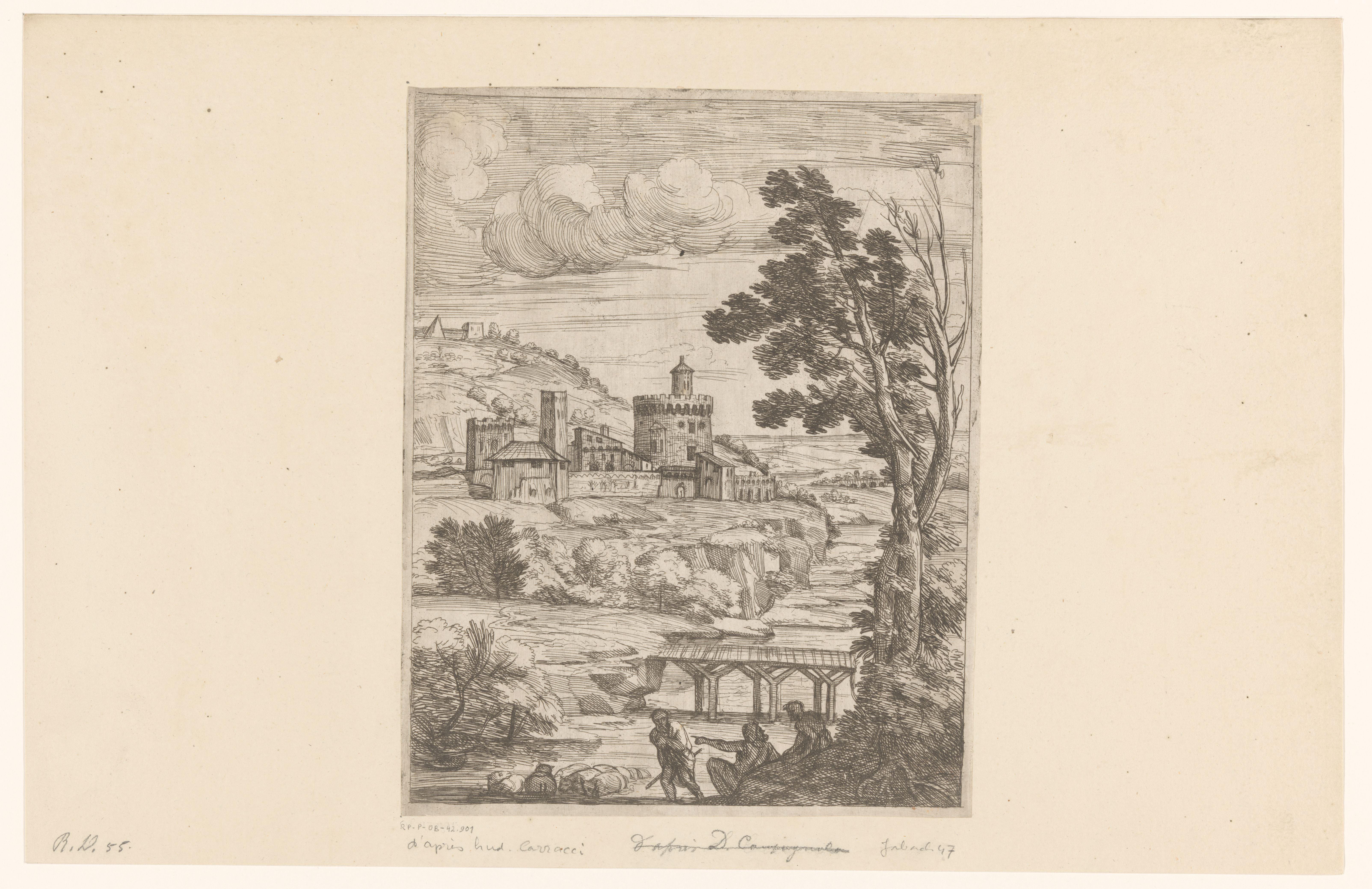 Rivierlandschap met kasteel en herders