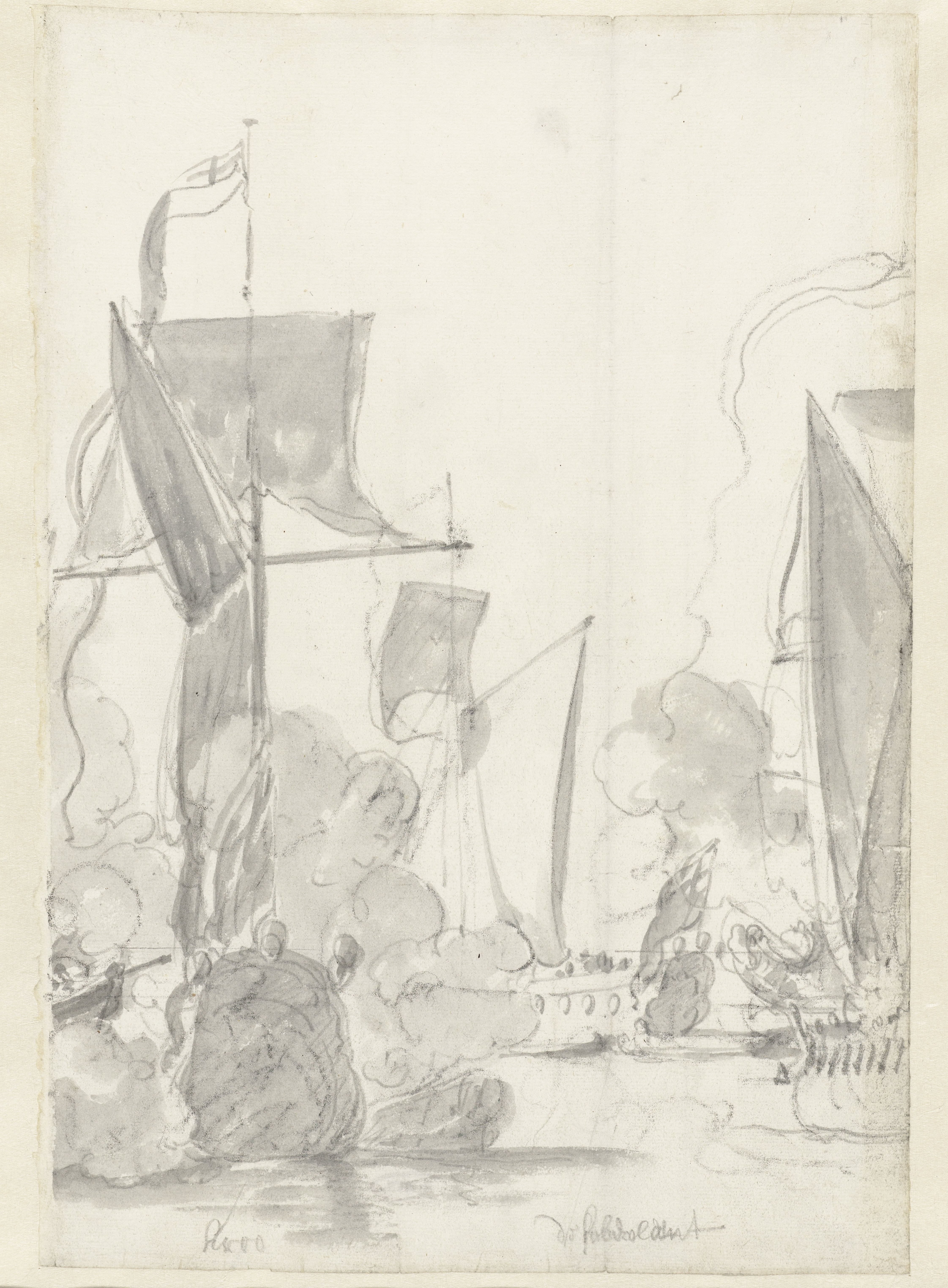 De jachten Kitchen (kroo) en Cleveland (klevelant) tijdens de tocht van de Engelse koning Karel II over de Thames naar Sheerness en Chatham op 27 Augustus 1681