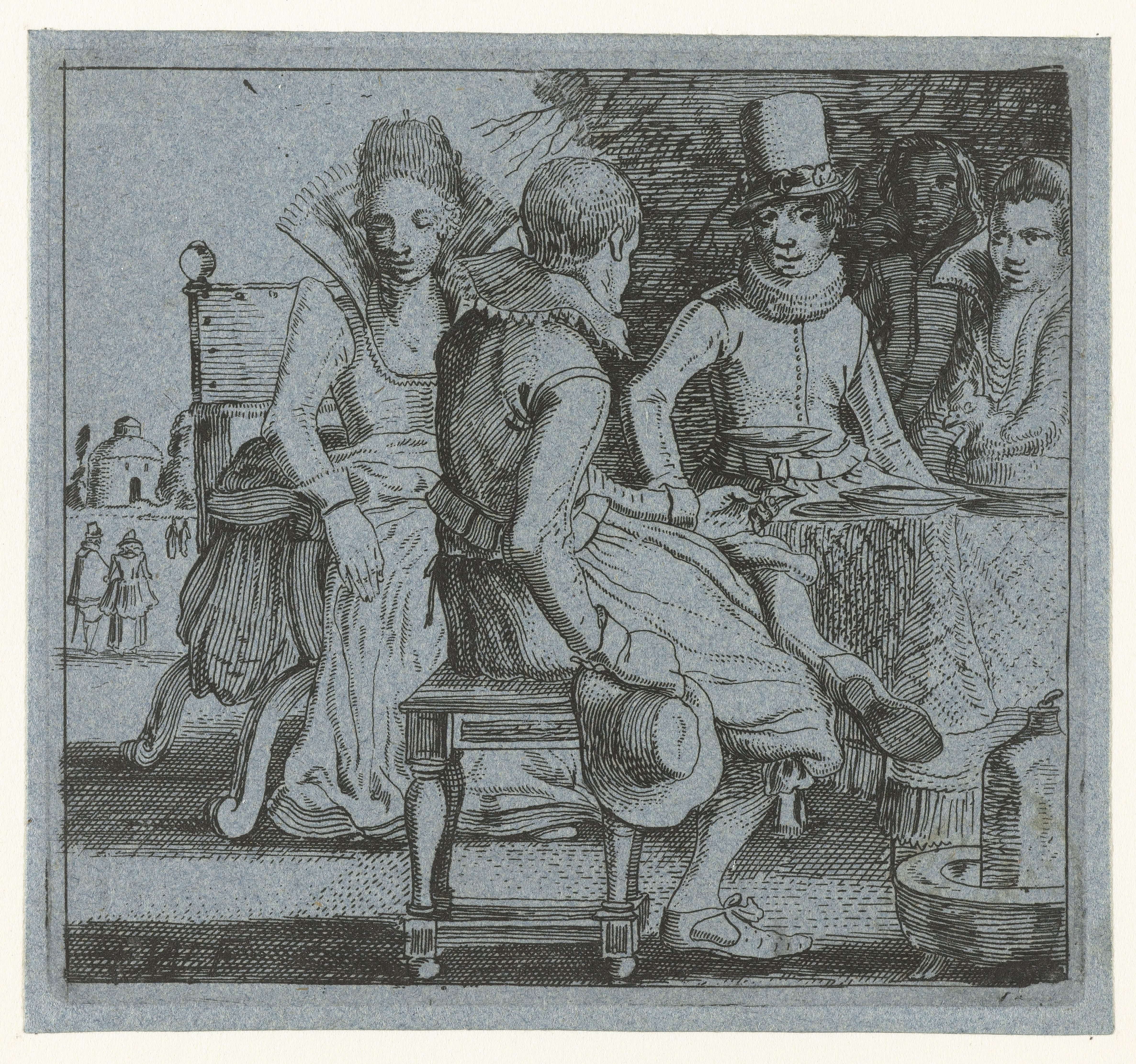 Vijf personen zittend rond een tafel op een terras