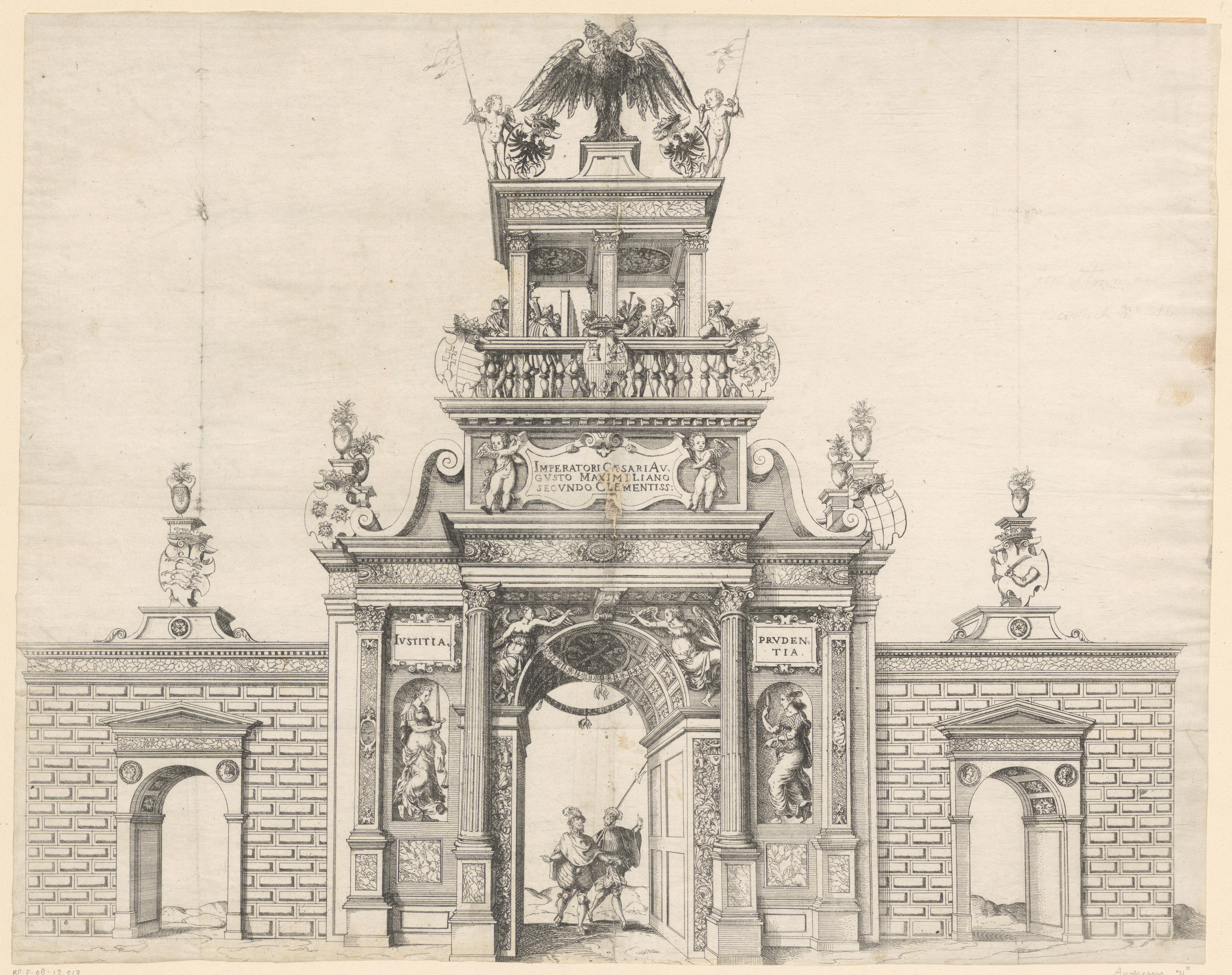 Triomfboog opgericht voor de intocht van keizer Maximiliaan II in Neurenberg in 1570