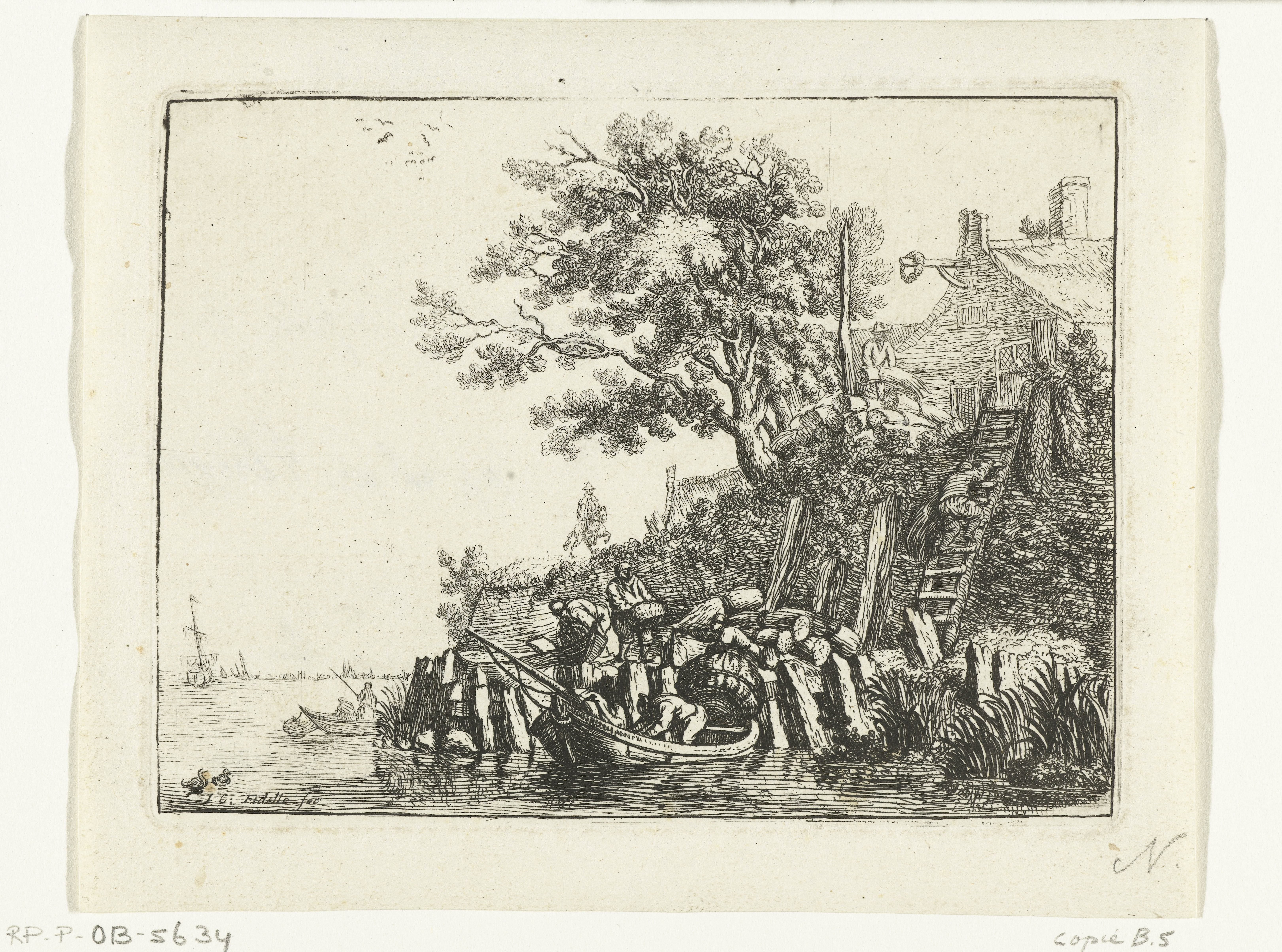 Mannen laden graanschoven in een boot