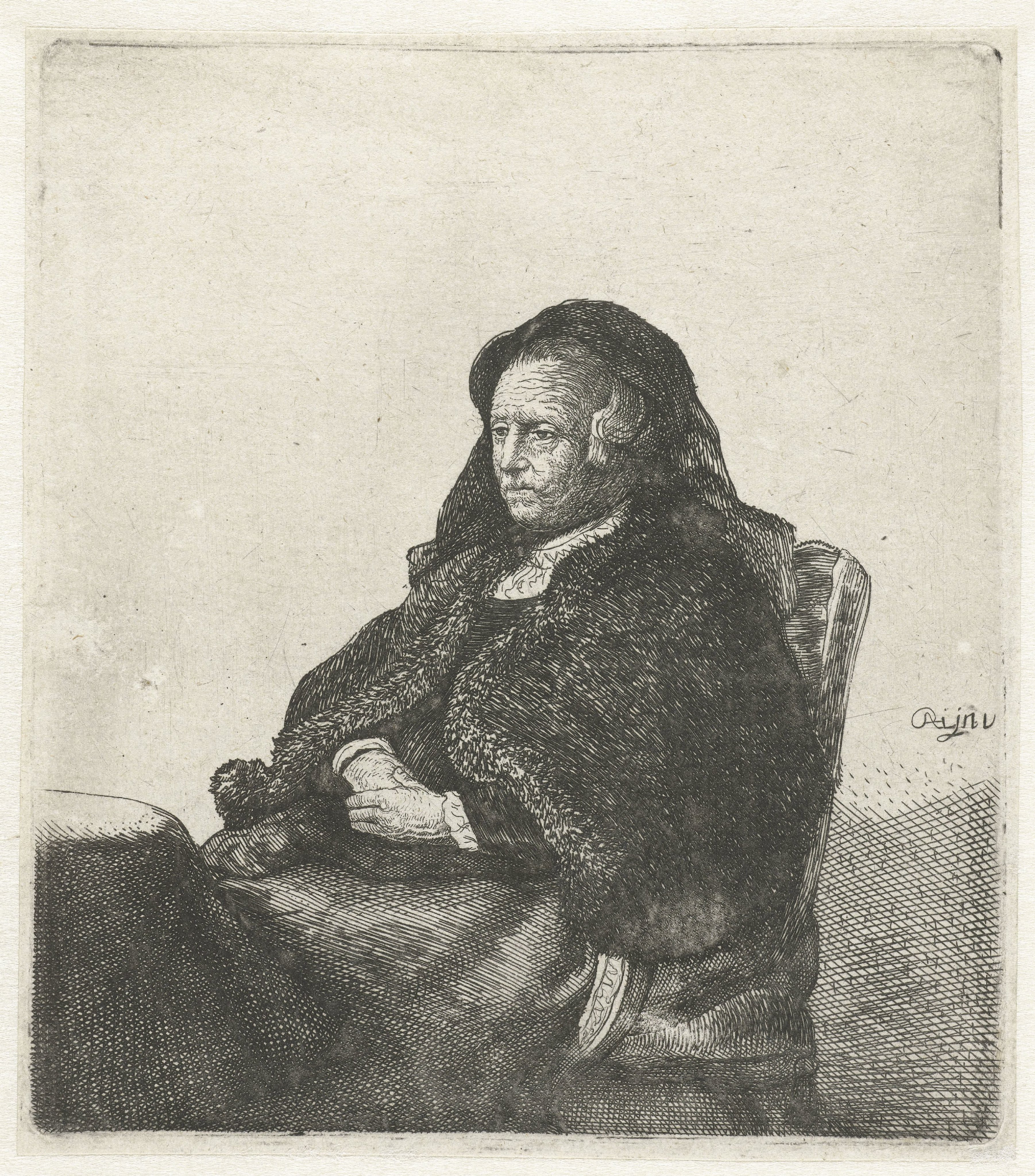 The artist's mother seated at a table, looking right: three quarter length