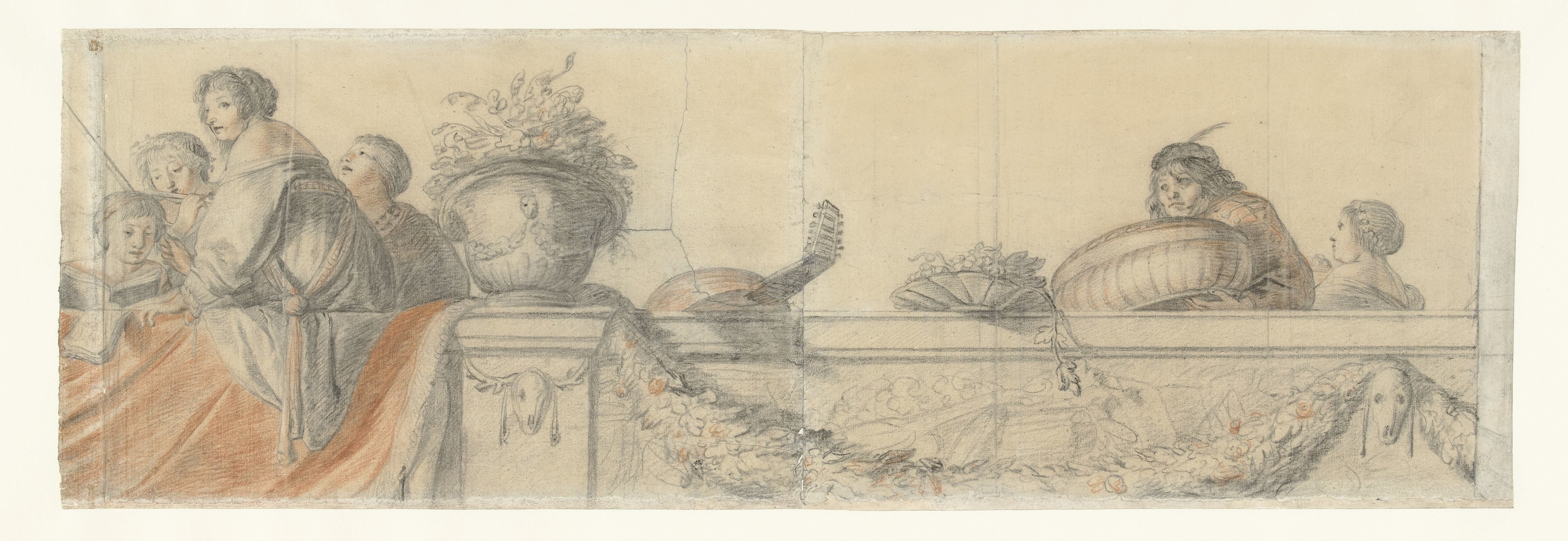 Personen op een balustrade met festoenen