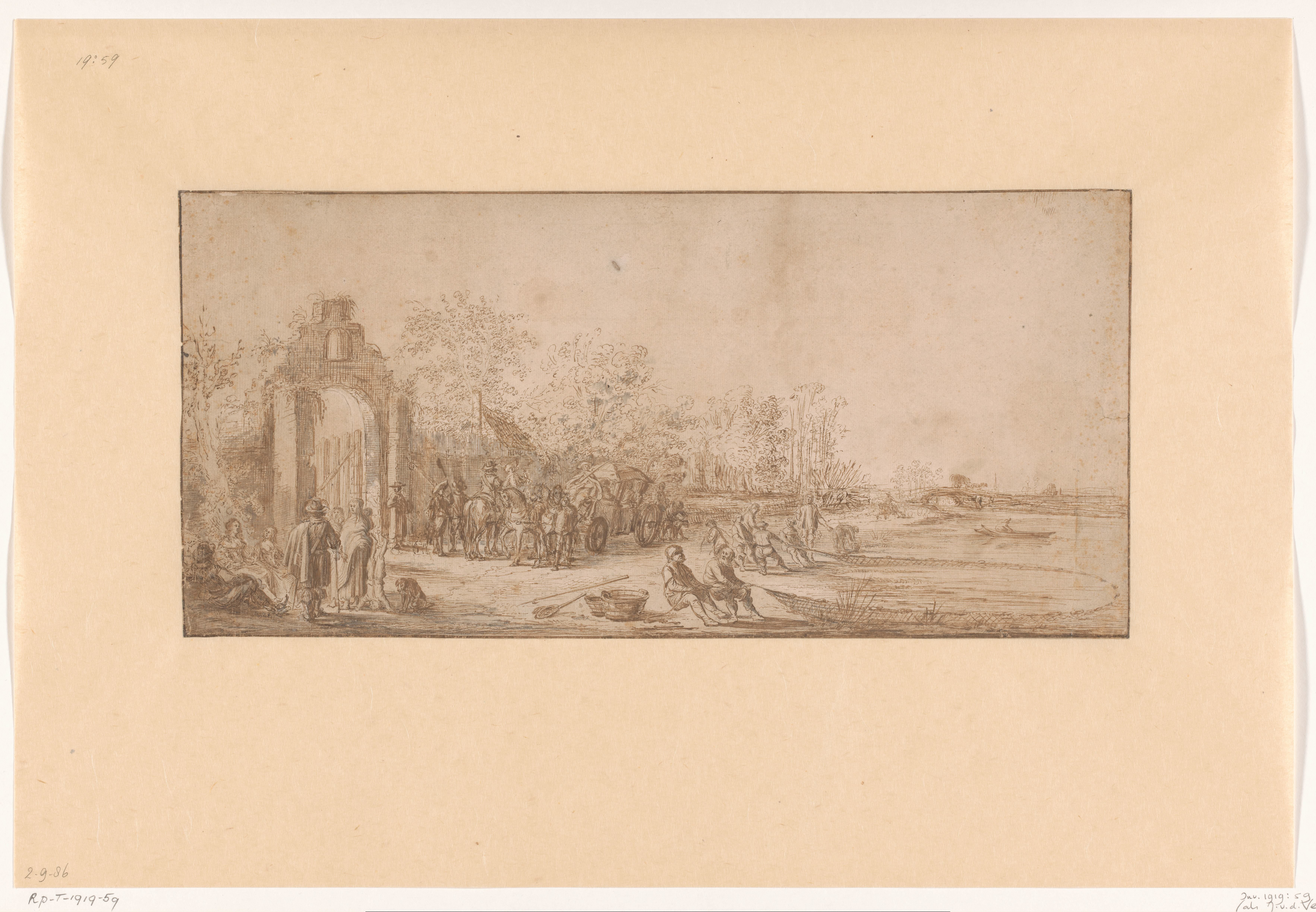 Landschap met reizigers en vissers