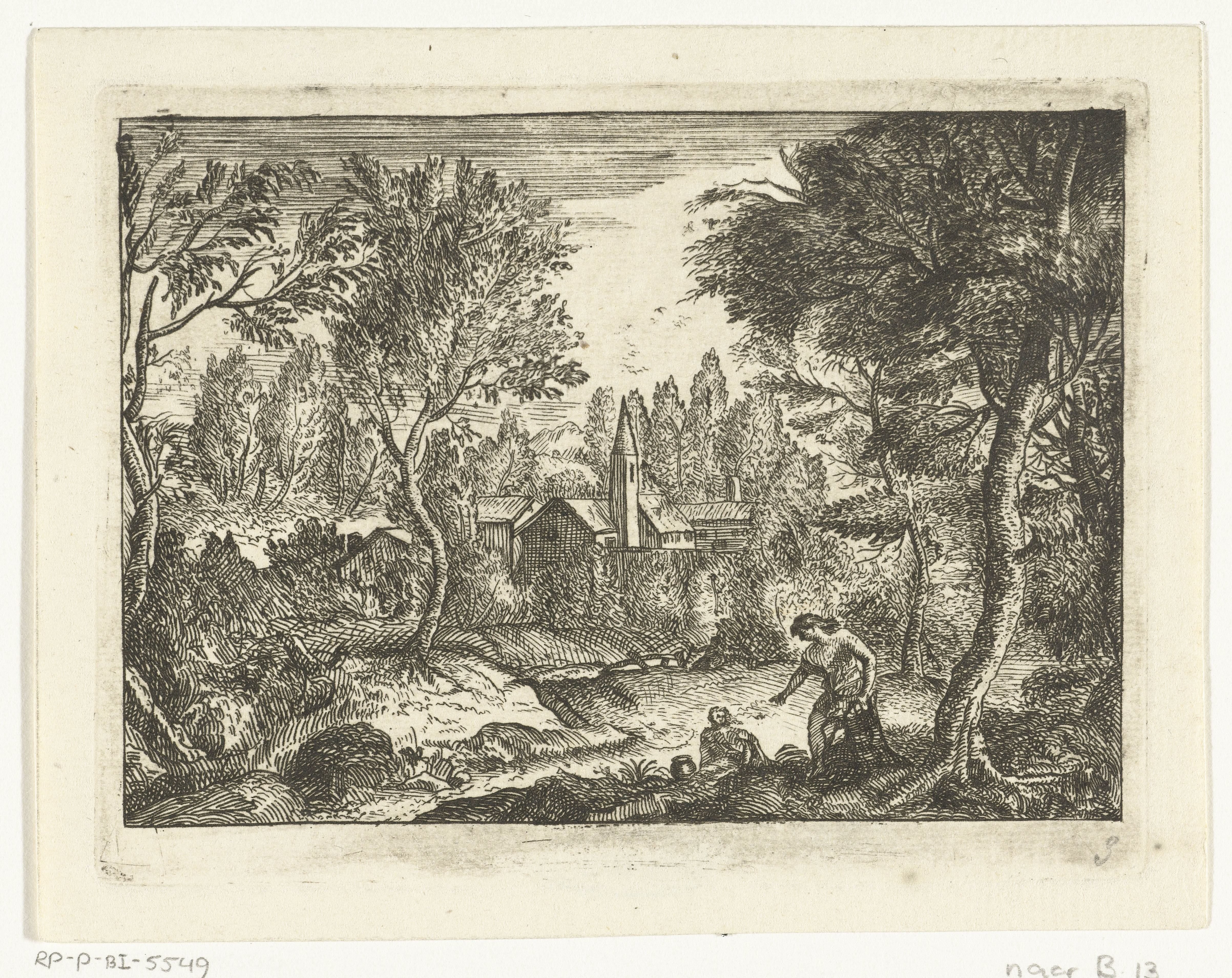 Landschap met man zittend op boomstronk
