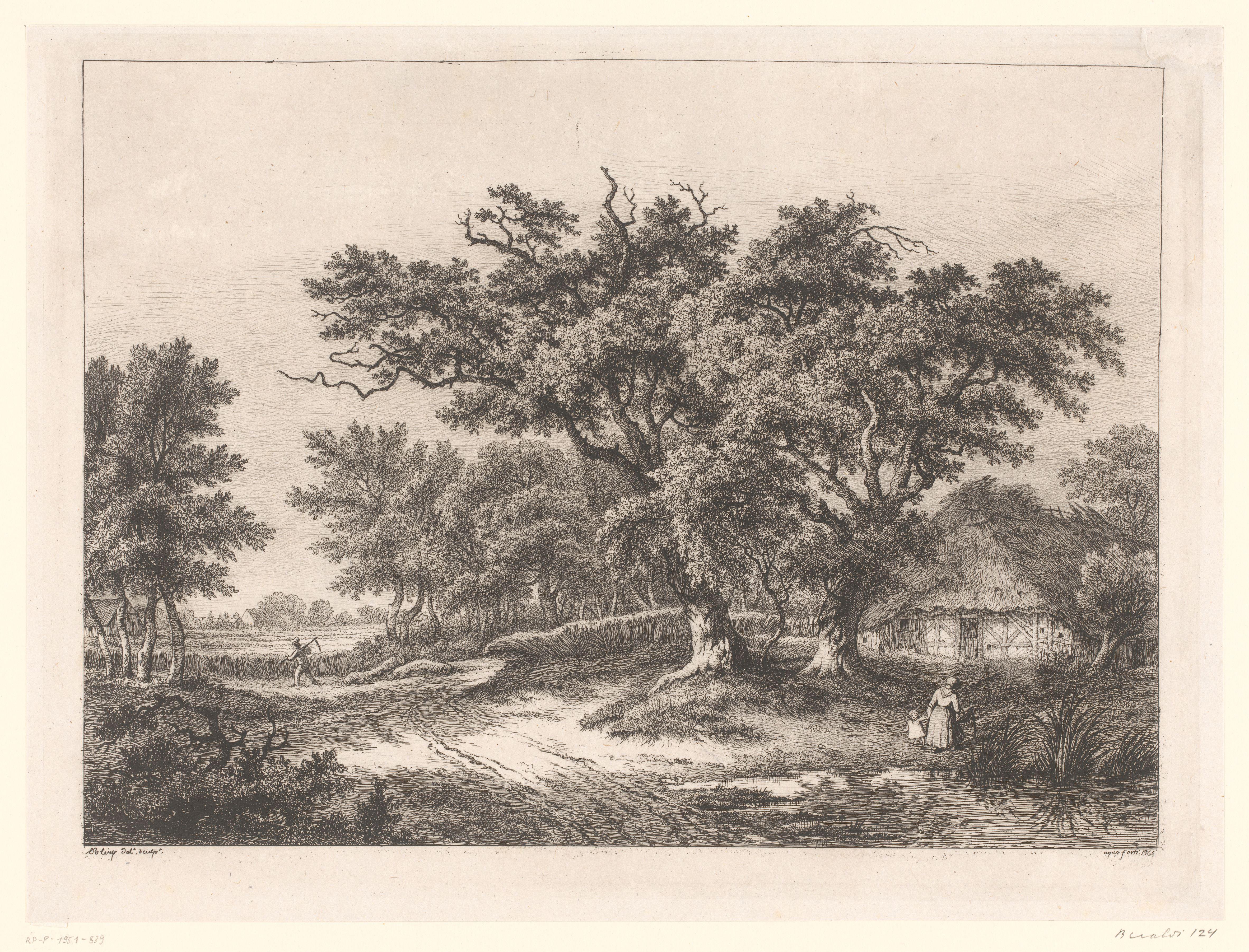 Landschap met boerenhuis en gezin