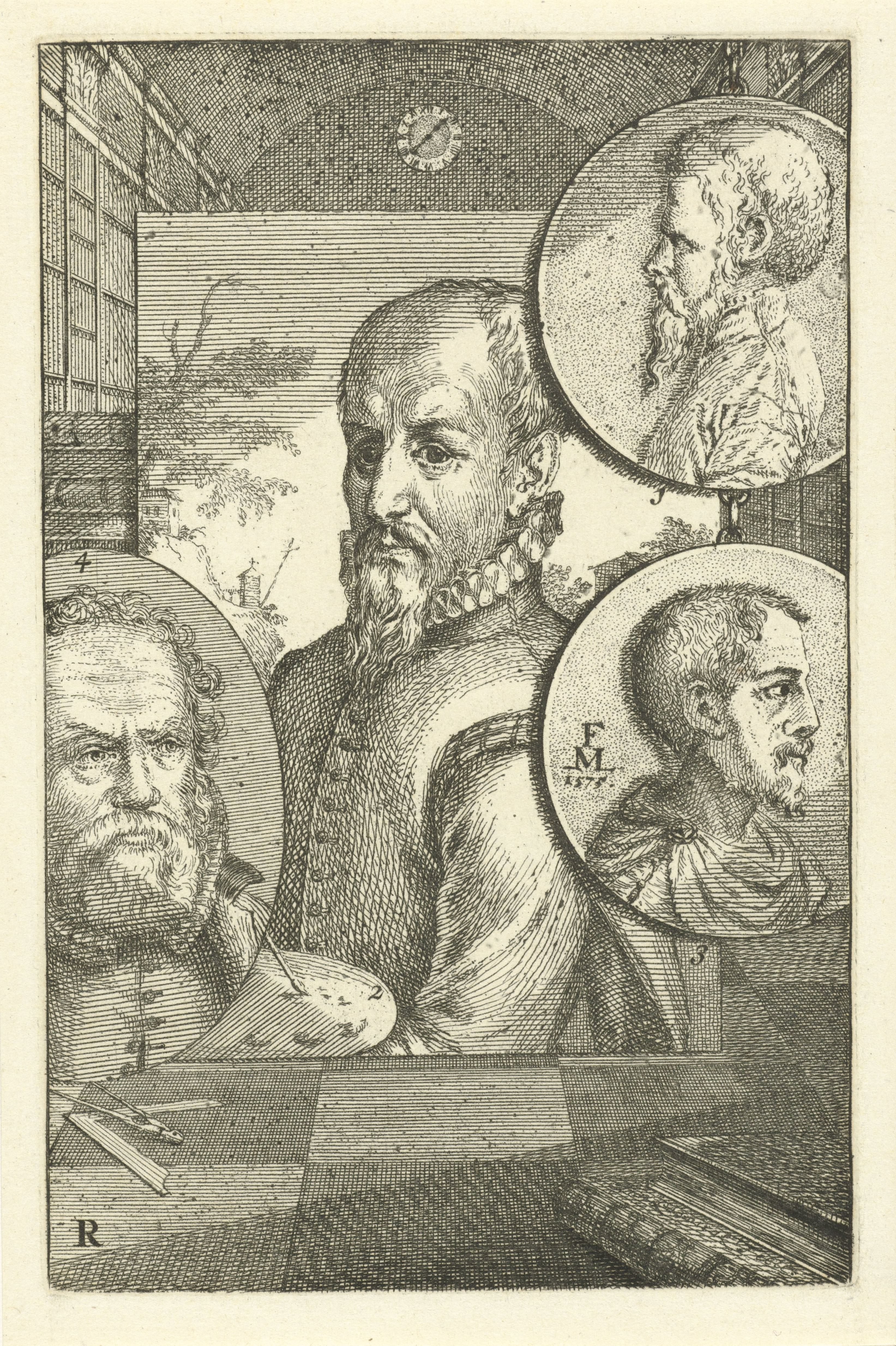 Portretten van Augustin Jorisz. Verburcht, Hendrick van Cleve, Melchior Lorck en Hans Vredeman de Vries