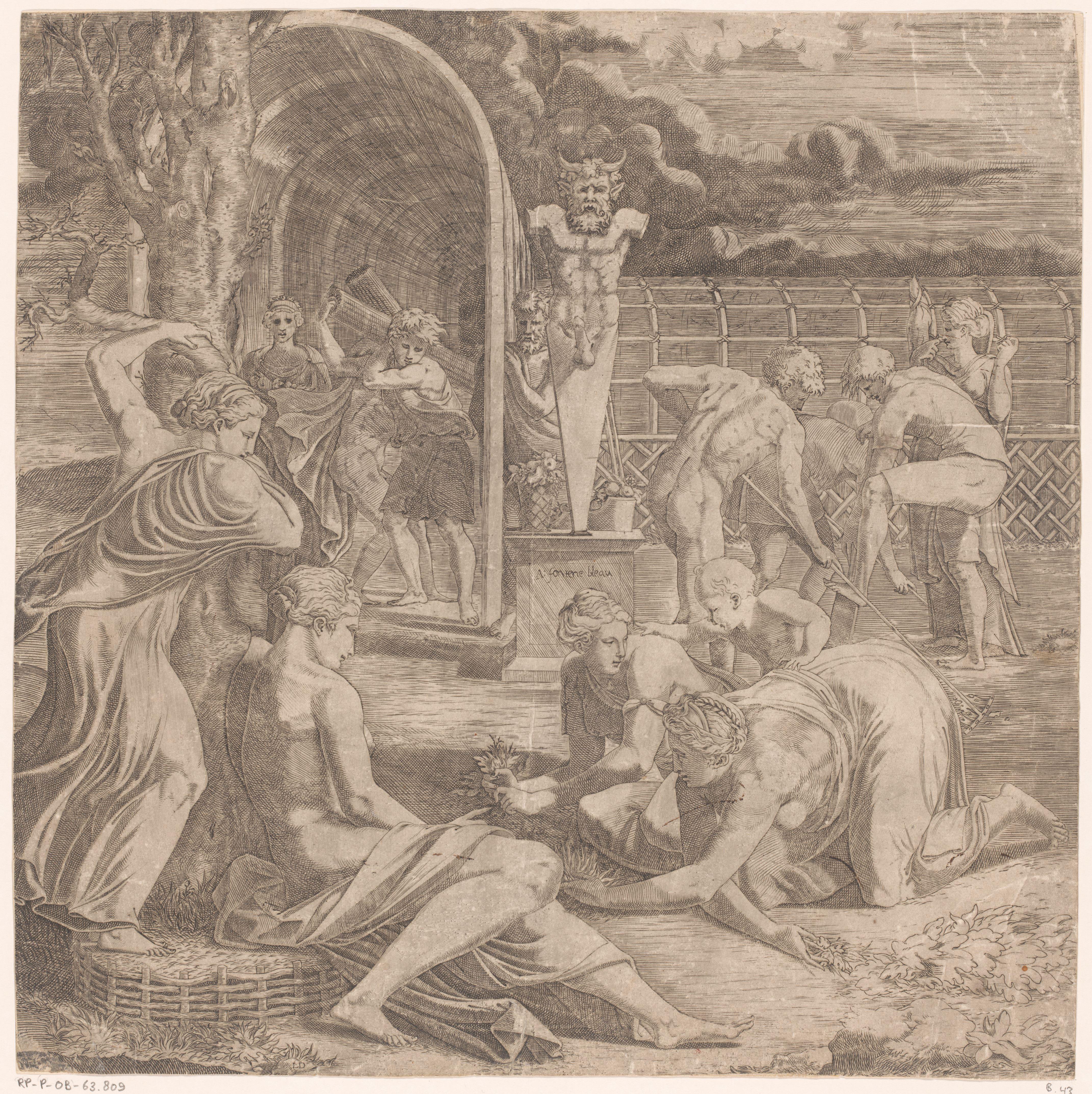 Figuren verzorgen een tuin met een beeld van Priapus