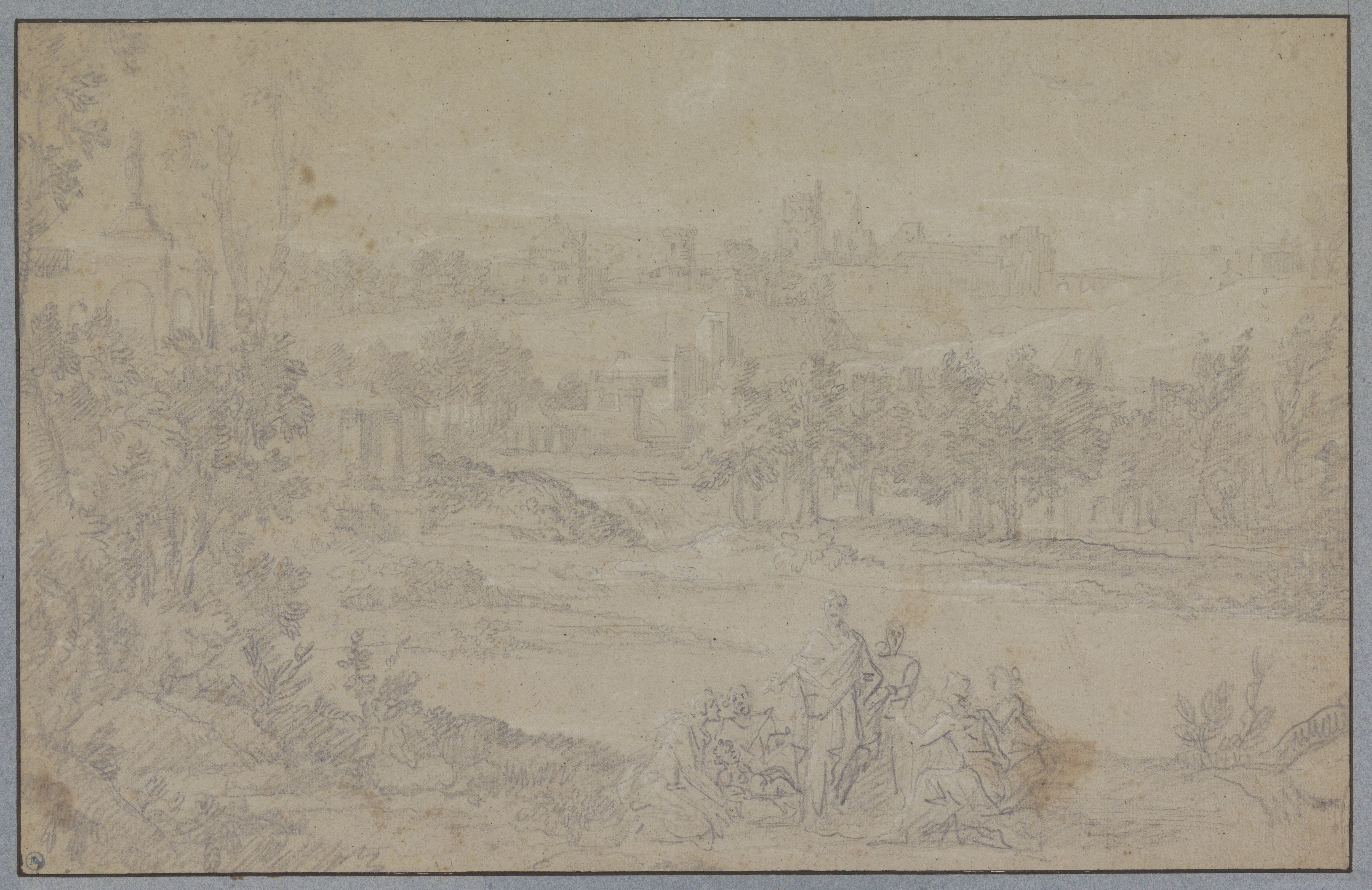 Landschap met groep personen op de voorgrond