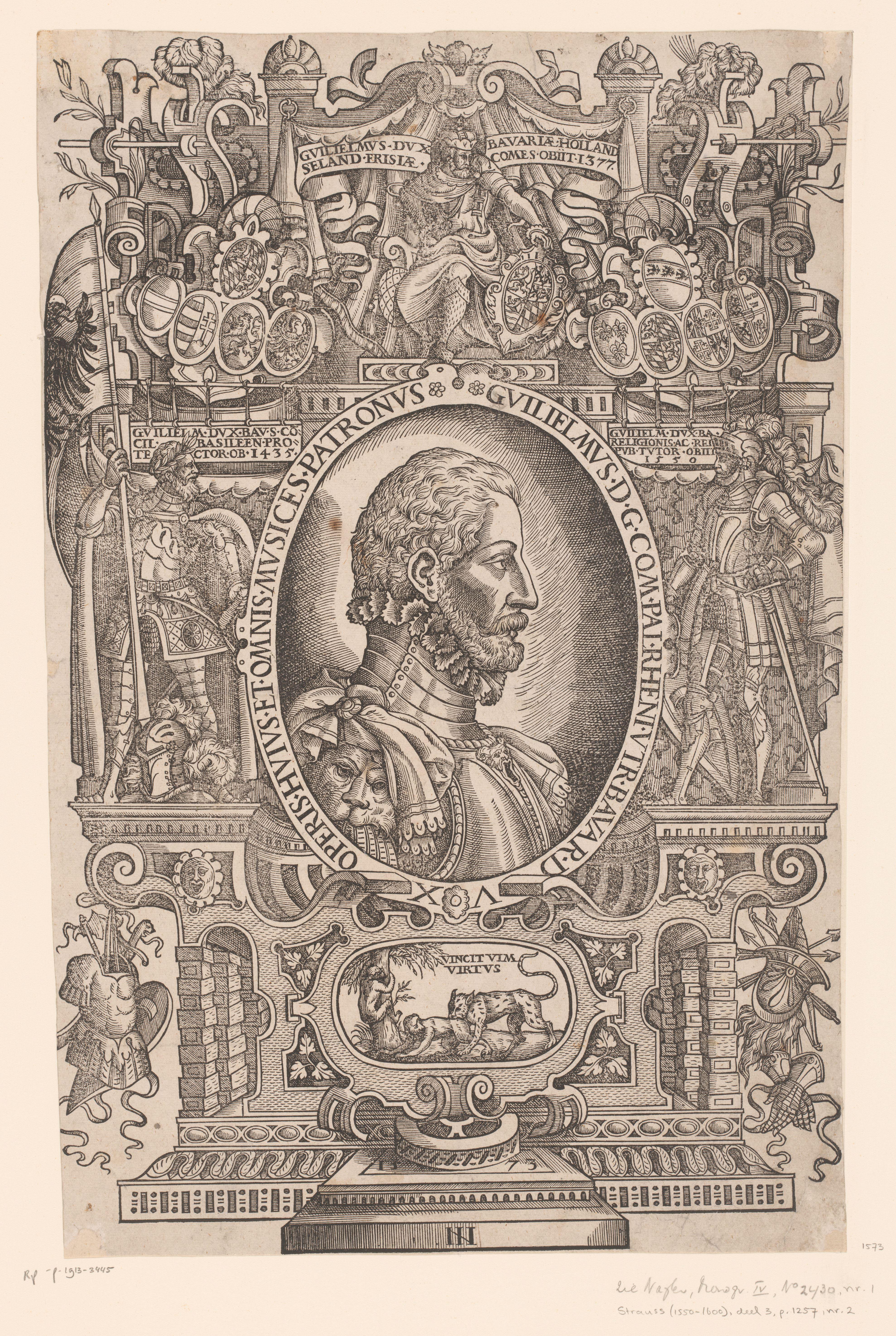 Portret van Willem V van Beieren in genealogisch kader