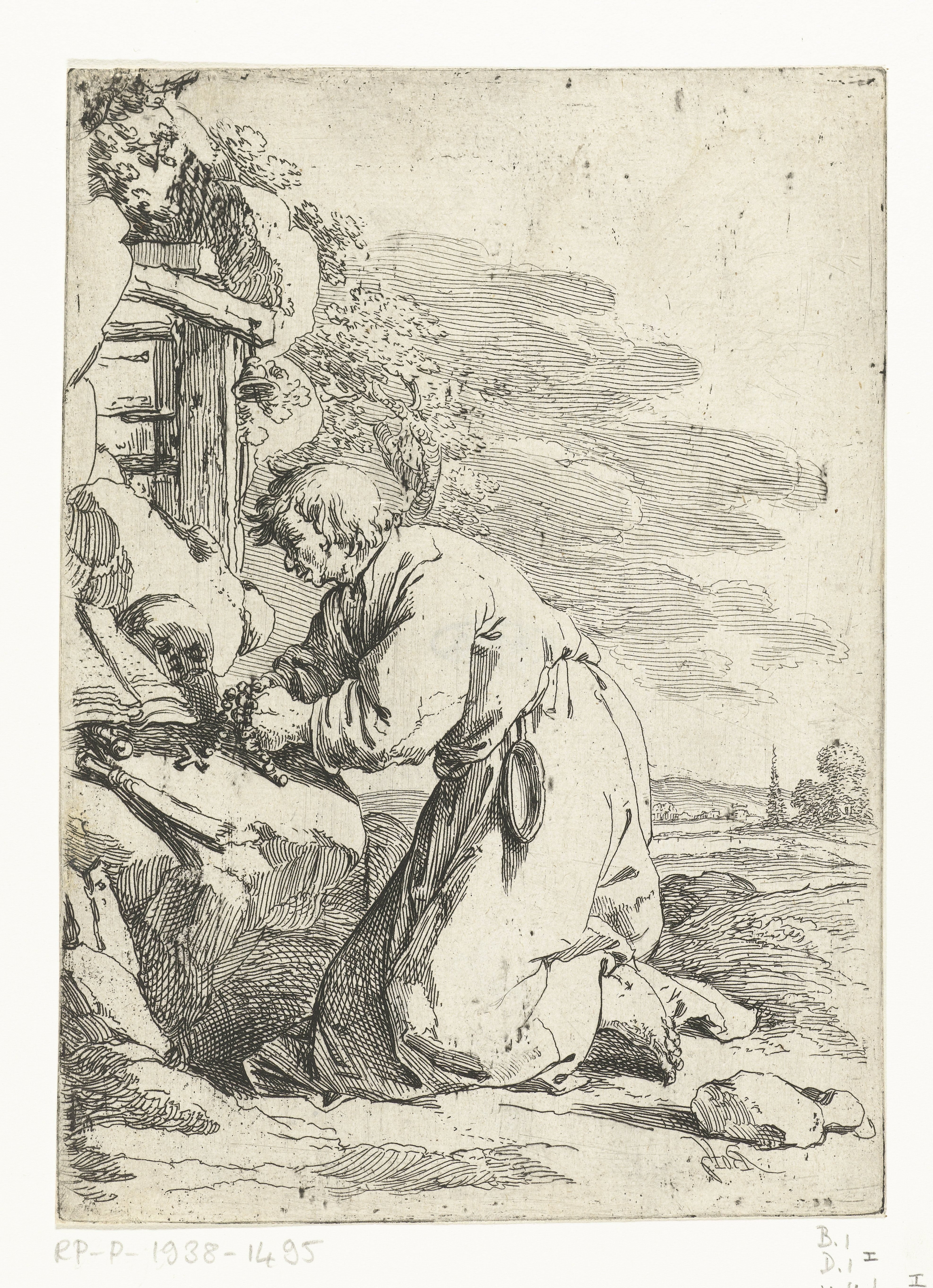 Knielende kluizenaar in gebed