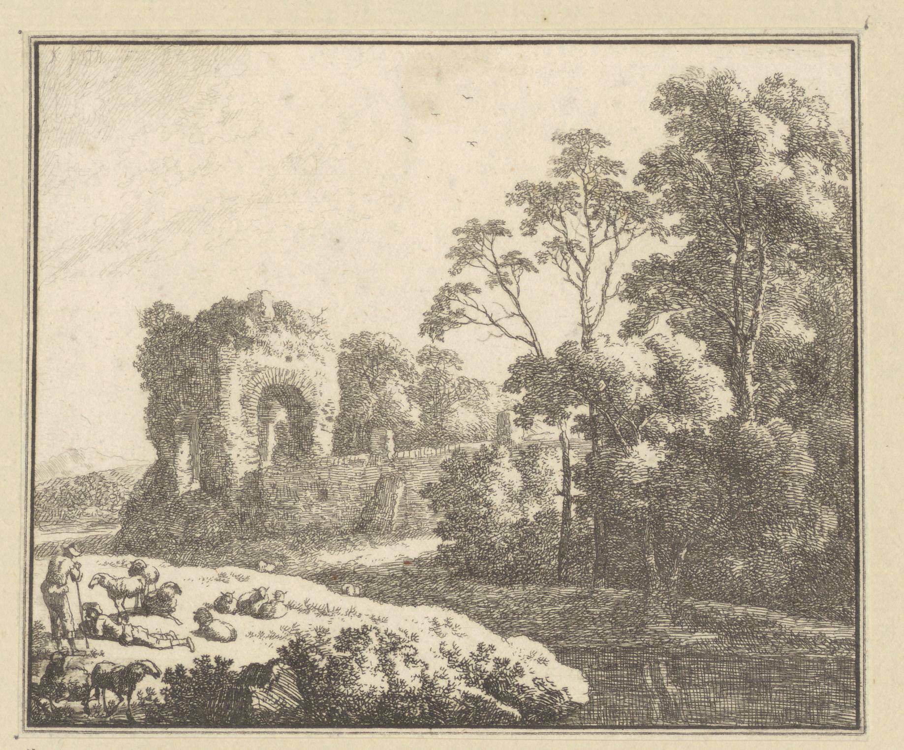 Landschap met ruïne en herders met schapen