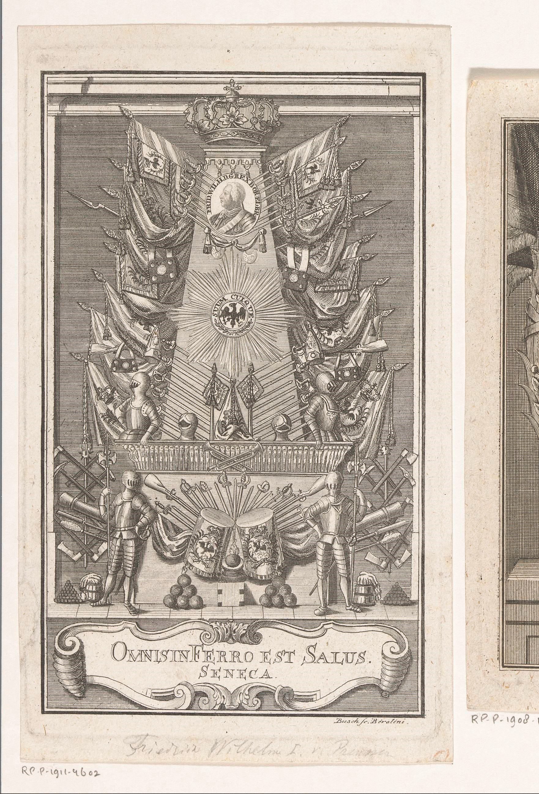 Monument van wapens met portretmedaillon van Frederik Willem I, koning van Pruisen