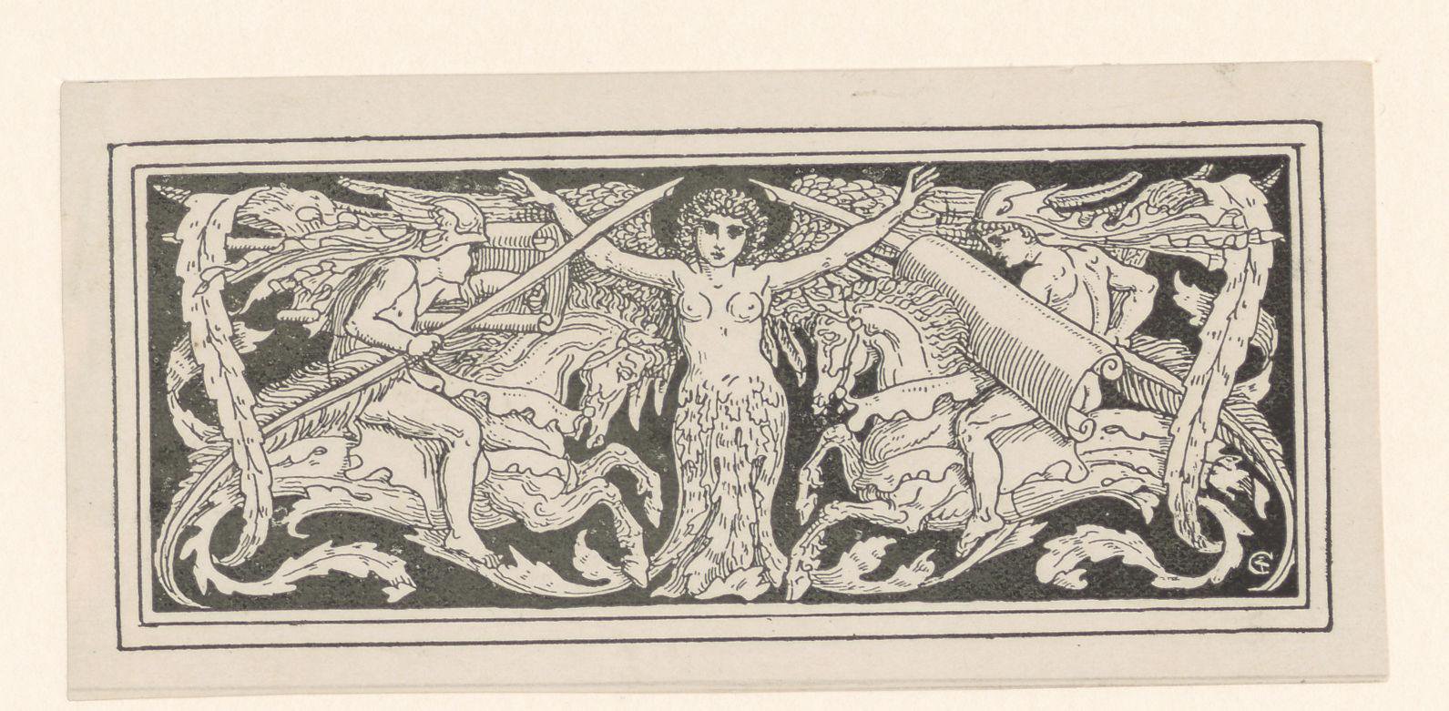 Vrouwenfiguur met vleugels en twee ruiters