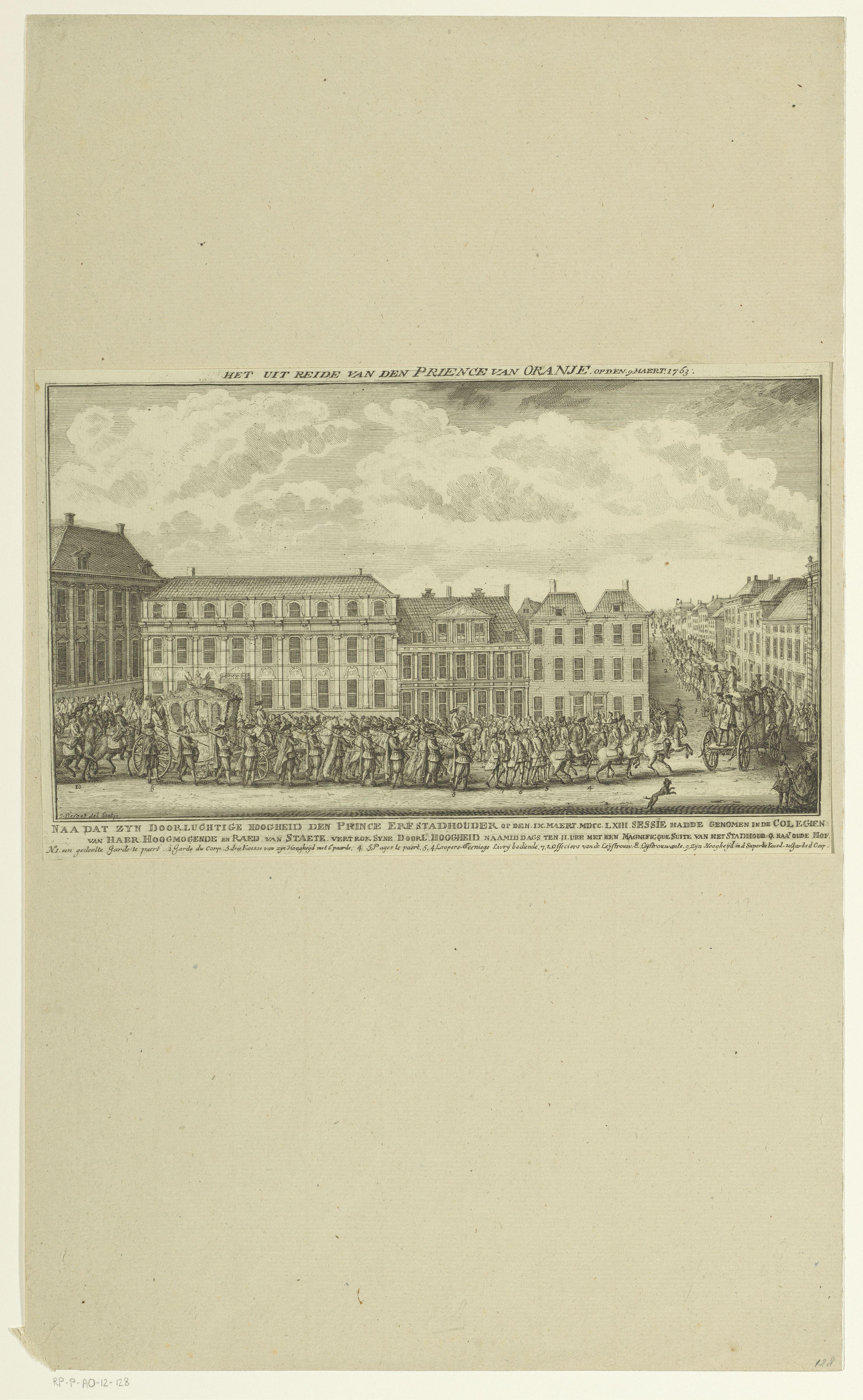 Uitrijden van de prins van Oranje na het bijwonen van een vergadering van de Staten-Generaal en de Raad van State, 1763
