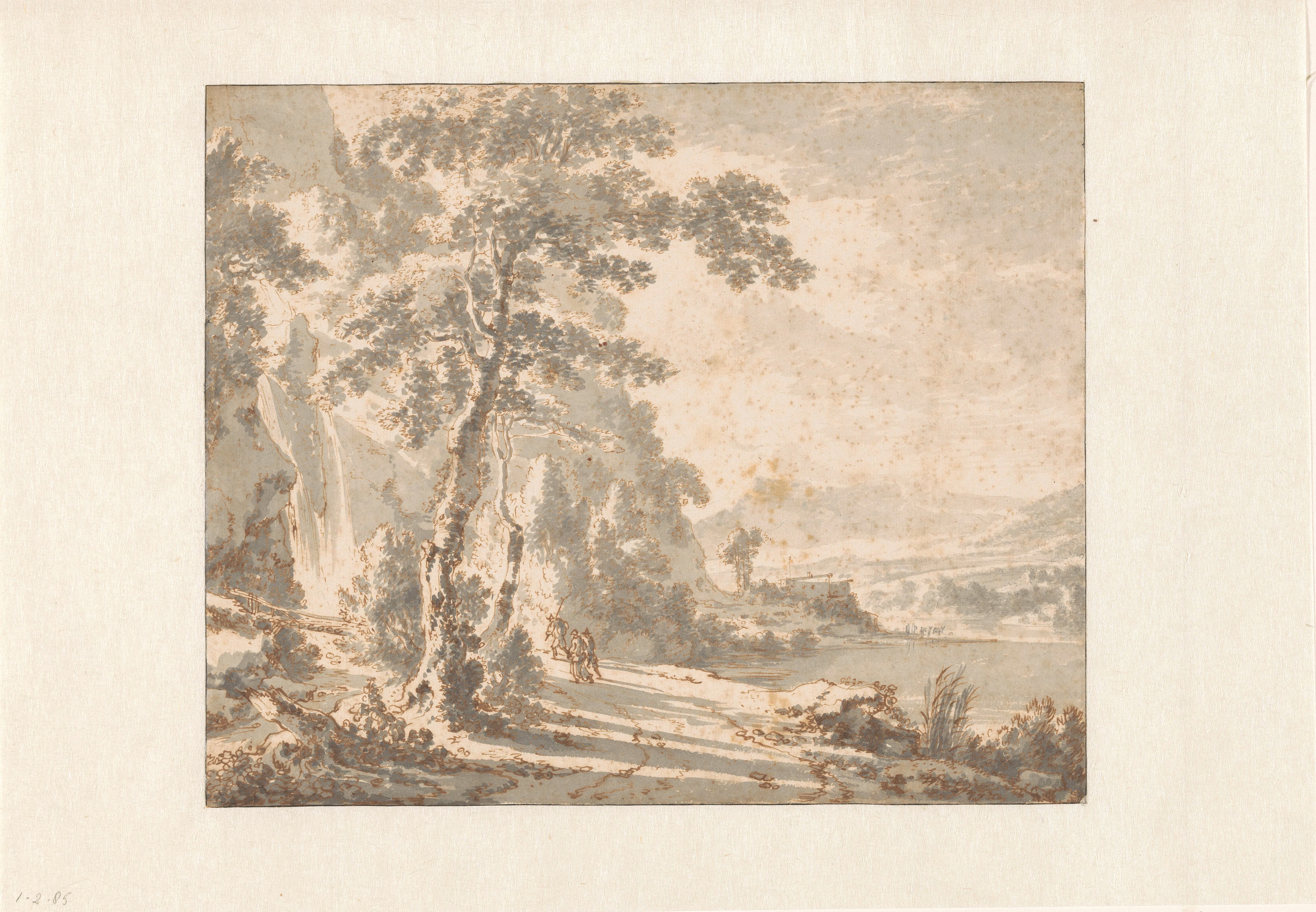 Mountain Landscape with Travellers near a Waterfall