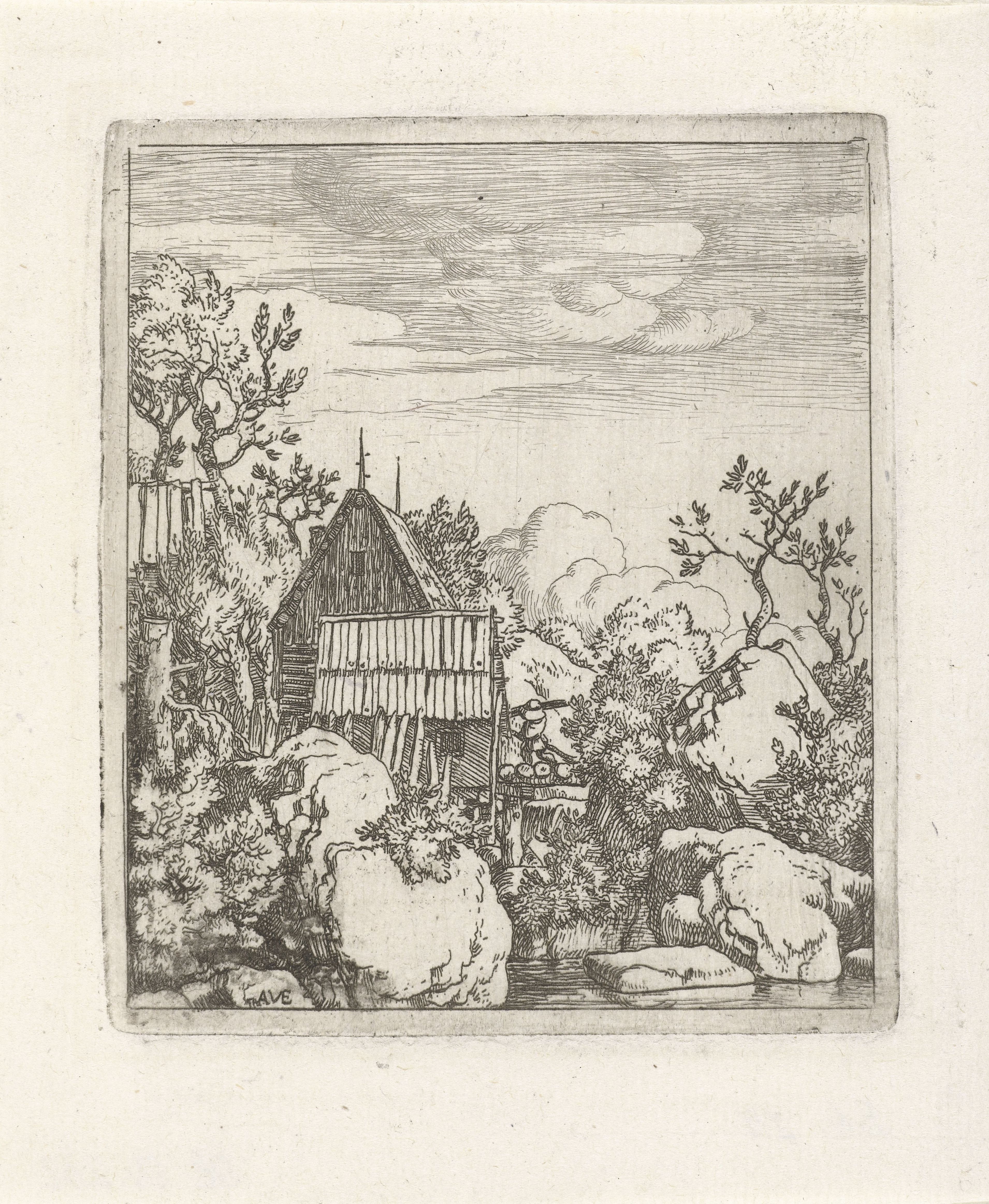 Landschap met schuur tussen rotsblokken
